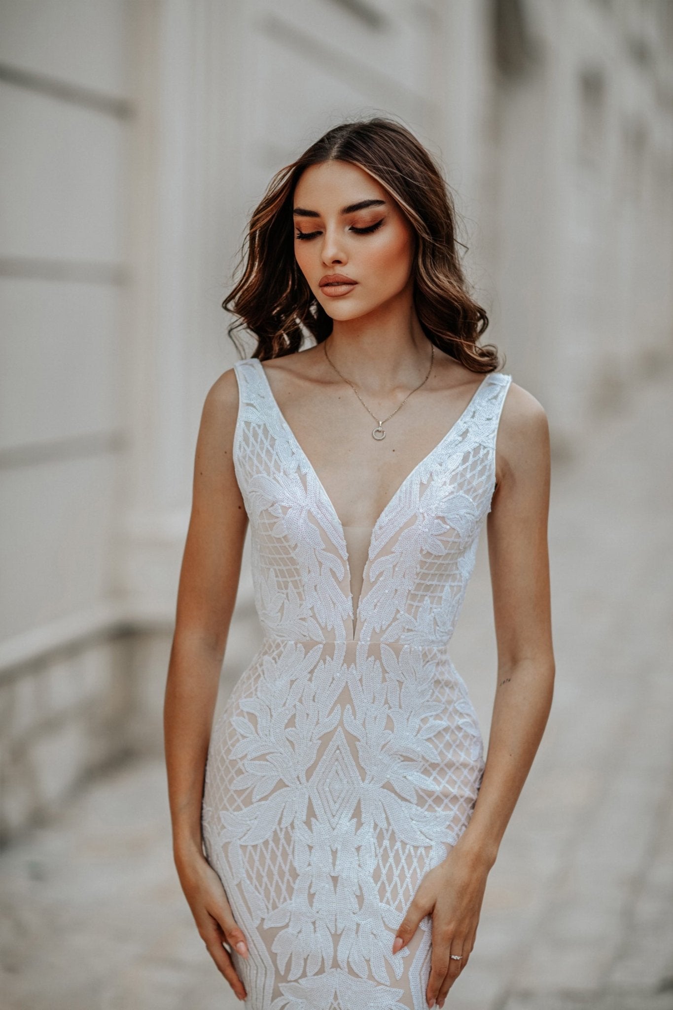 Tina Holly Couture BB052 White & Nude Sequin & Lace Mermaid Bridal Formal Dress in Australia | One Honey Boutique