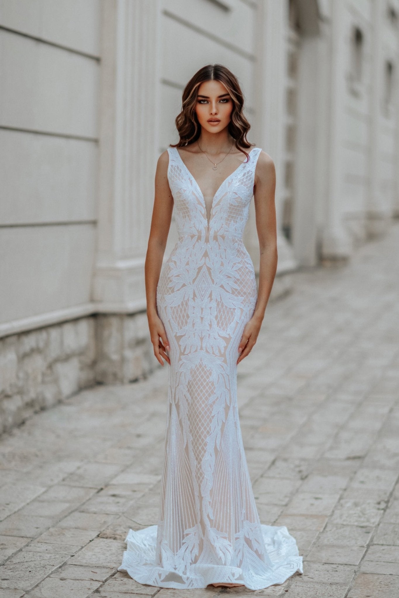 Tina Holly Couture BB052 White & Nude Sequin & Lace Mermaid Bridal Formal Dress in Australia | One Honey Boutique