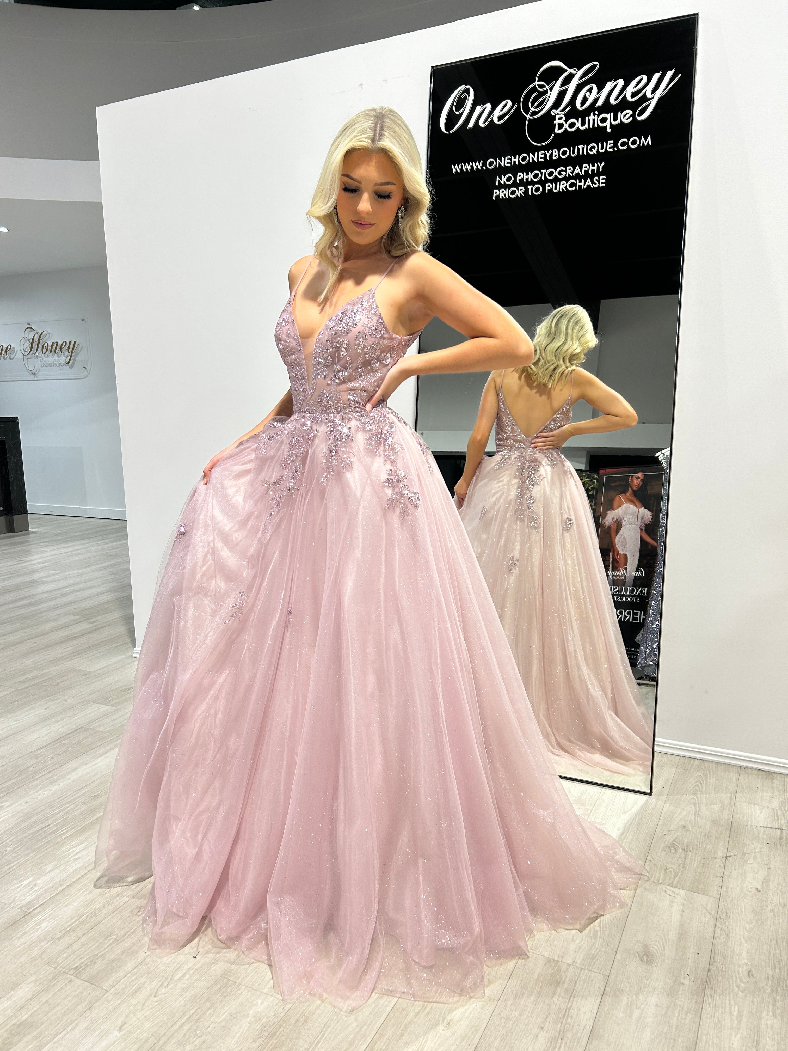 Honey Couture IRENA Dusty Rose Tulle Glitter A Line Formal Dress