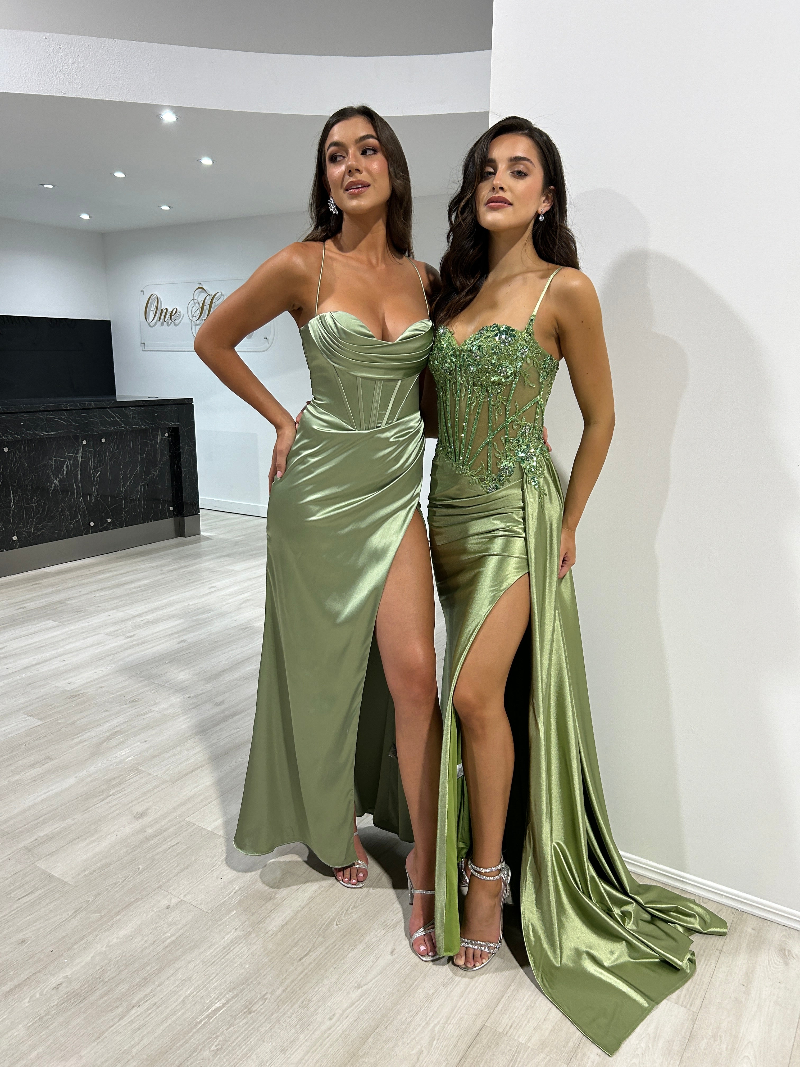Honey Couture ZENDAYA Sage Green Satin Corset Bustier Leg Split Formal Dress