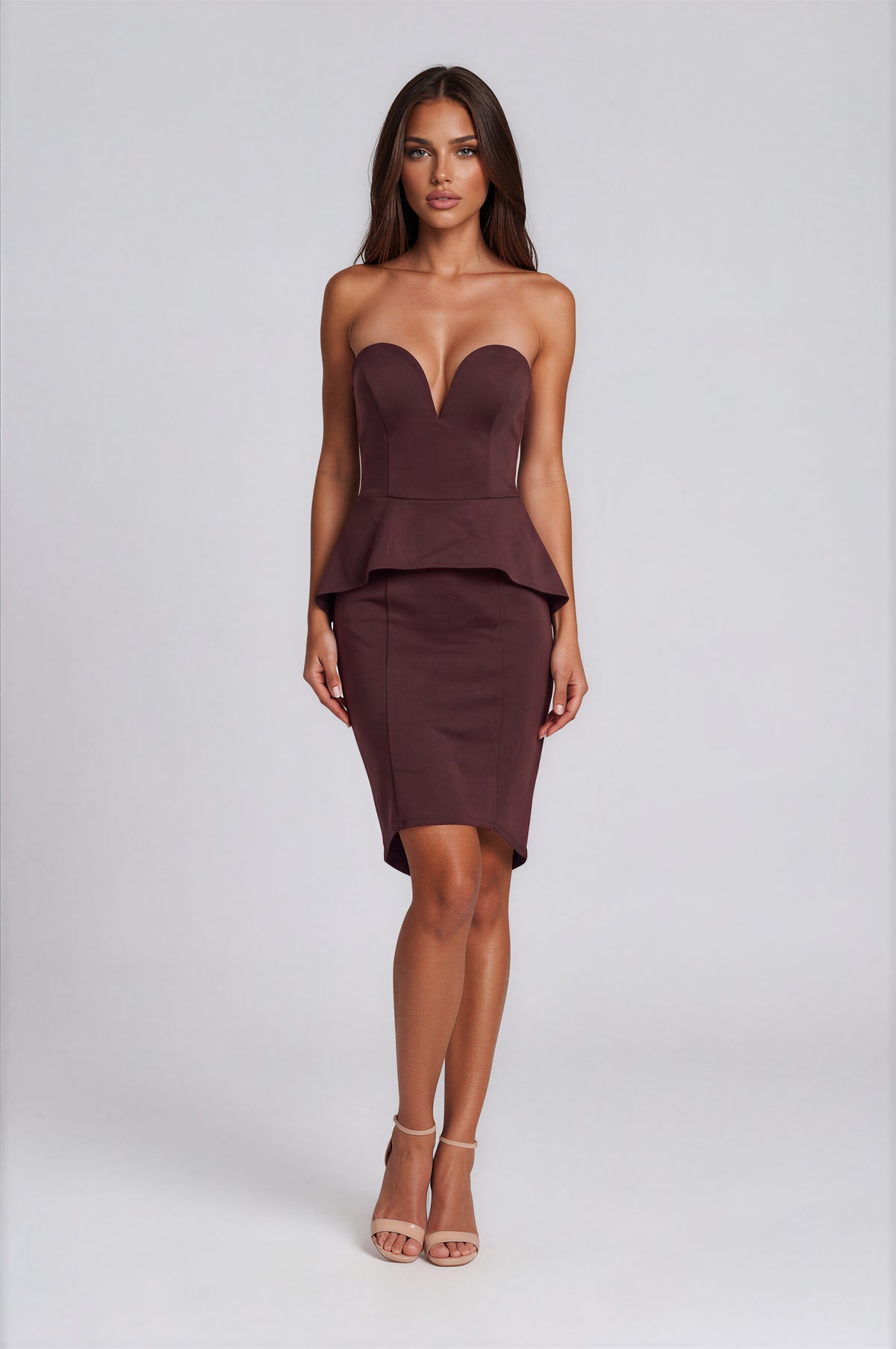 Honey Couture Vienna Mocha Strapless Peplum Midi Dress