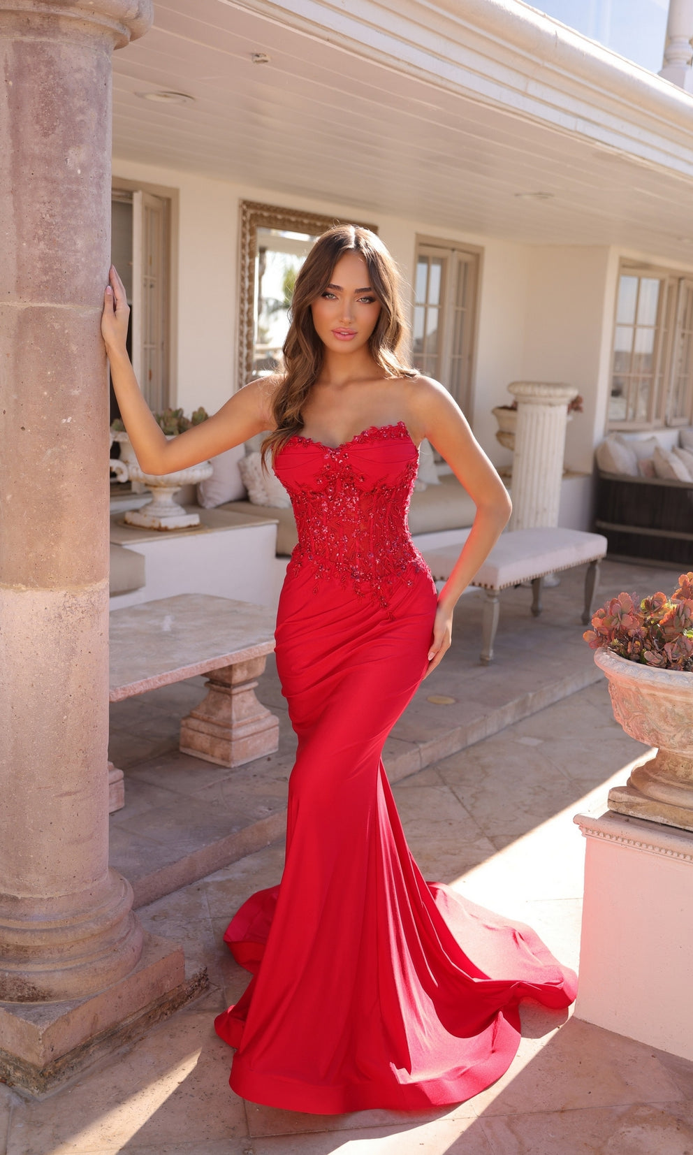 NESSA Red Beaded Bustier Strapless Mermaid Prom & School Formal Dress