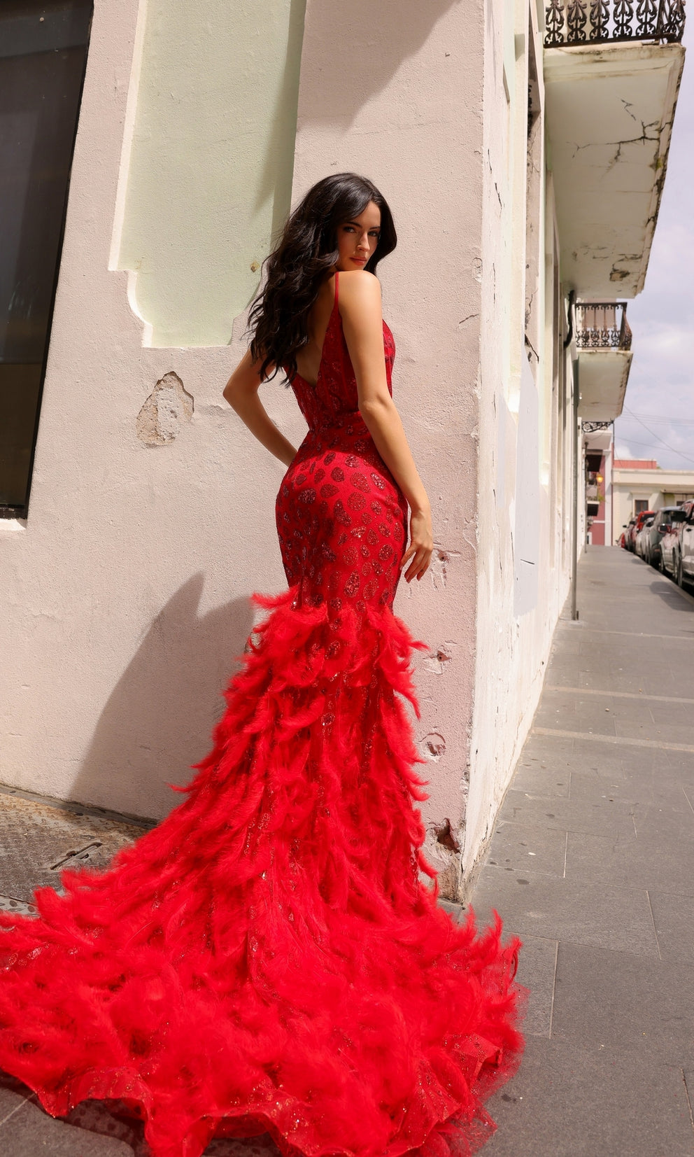 KARMELLA Red Glitter & Feather Mermaid School Formal & Prom Dress