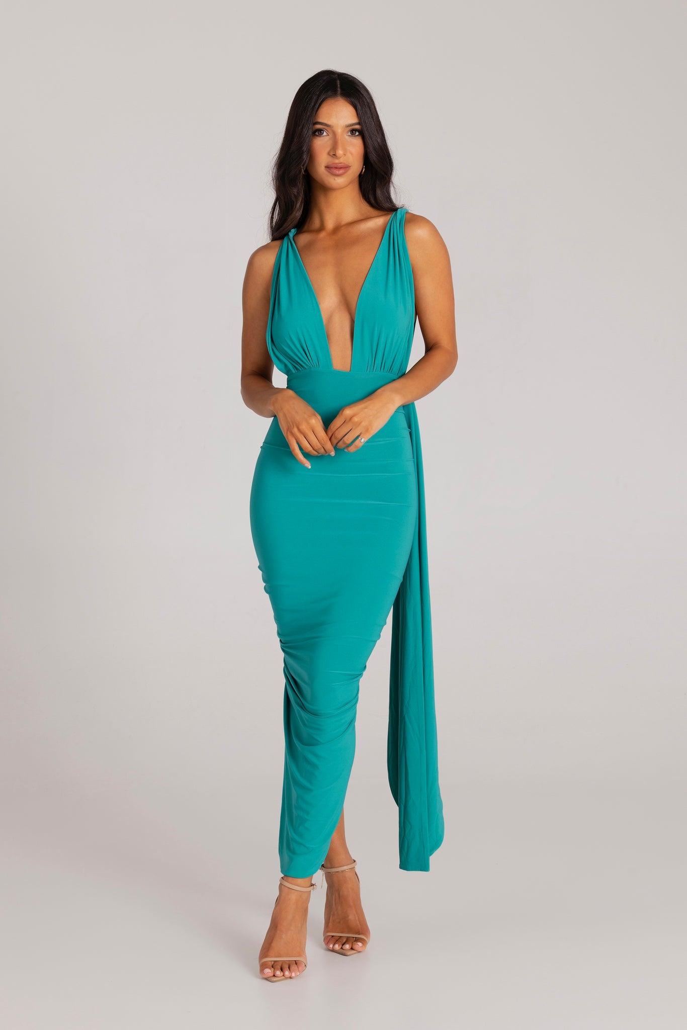 MÉLANI The Label MELROSE Jade Multi Tie Plunge Form Fitted Midi Dress