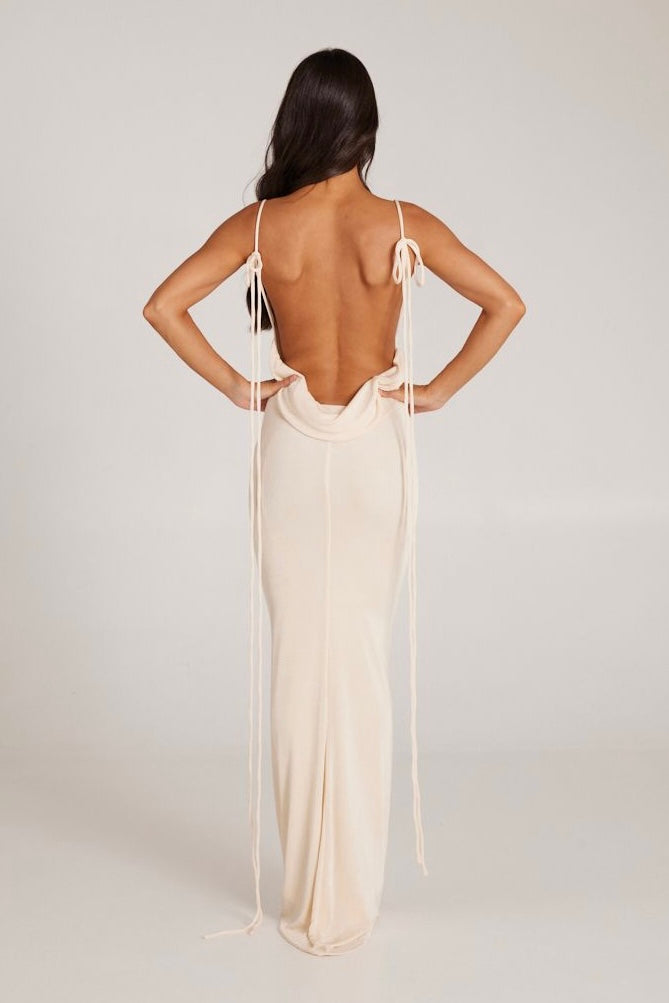 MÉLANI The Label CRISTINA Pearl White Drape Low Back Dress