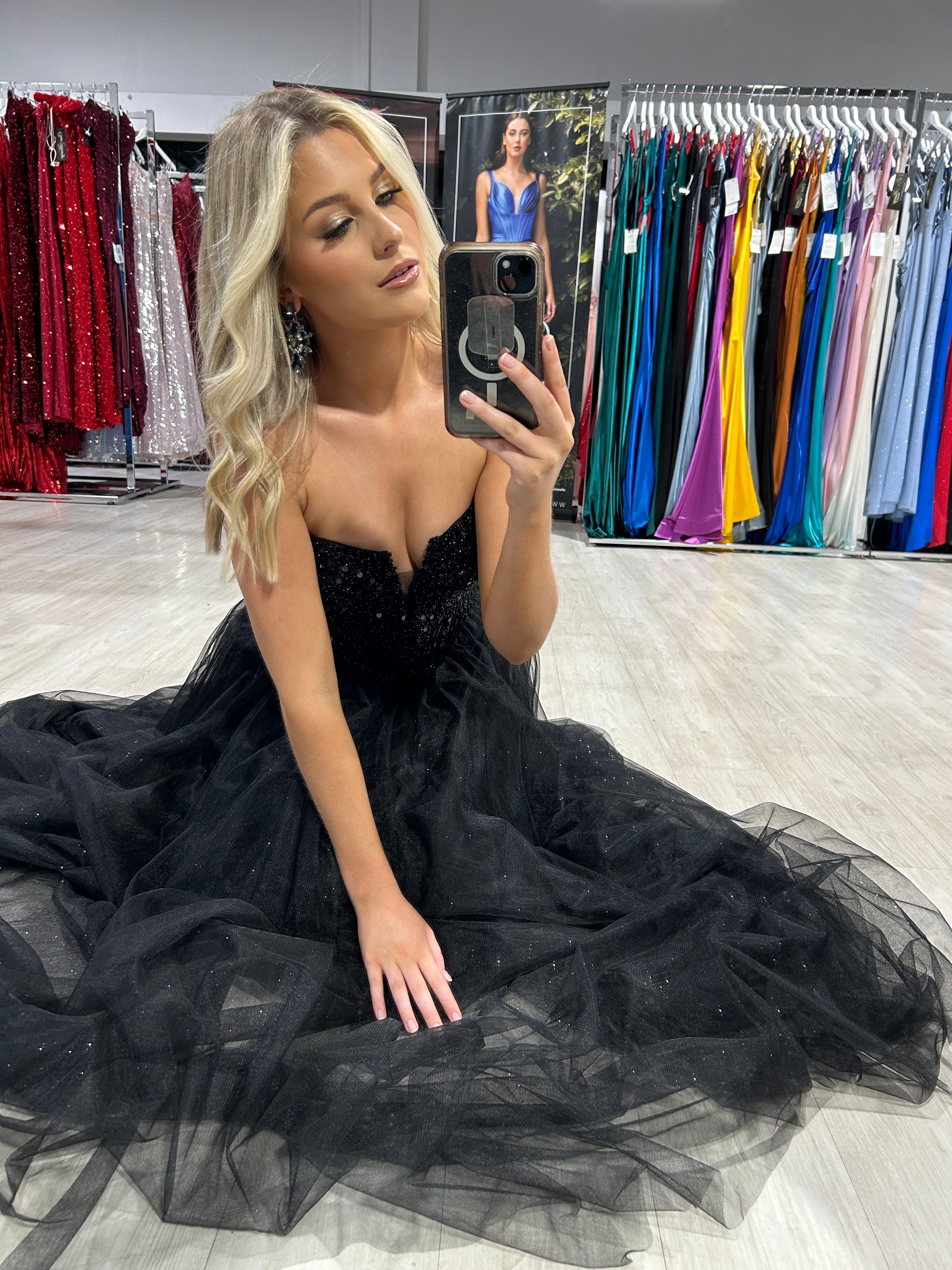 Honey Couture LEIA Black Strapless Bustier Tulle A-Line Formal Dress