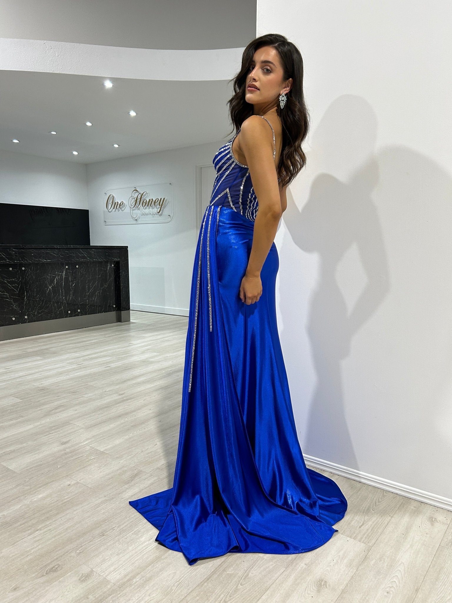 NIA Silky Mirror Tiles Corset Satin Mermaid Formal Dress in Australia | One Honey Boutique