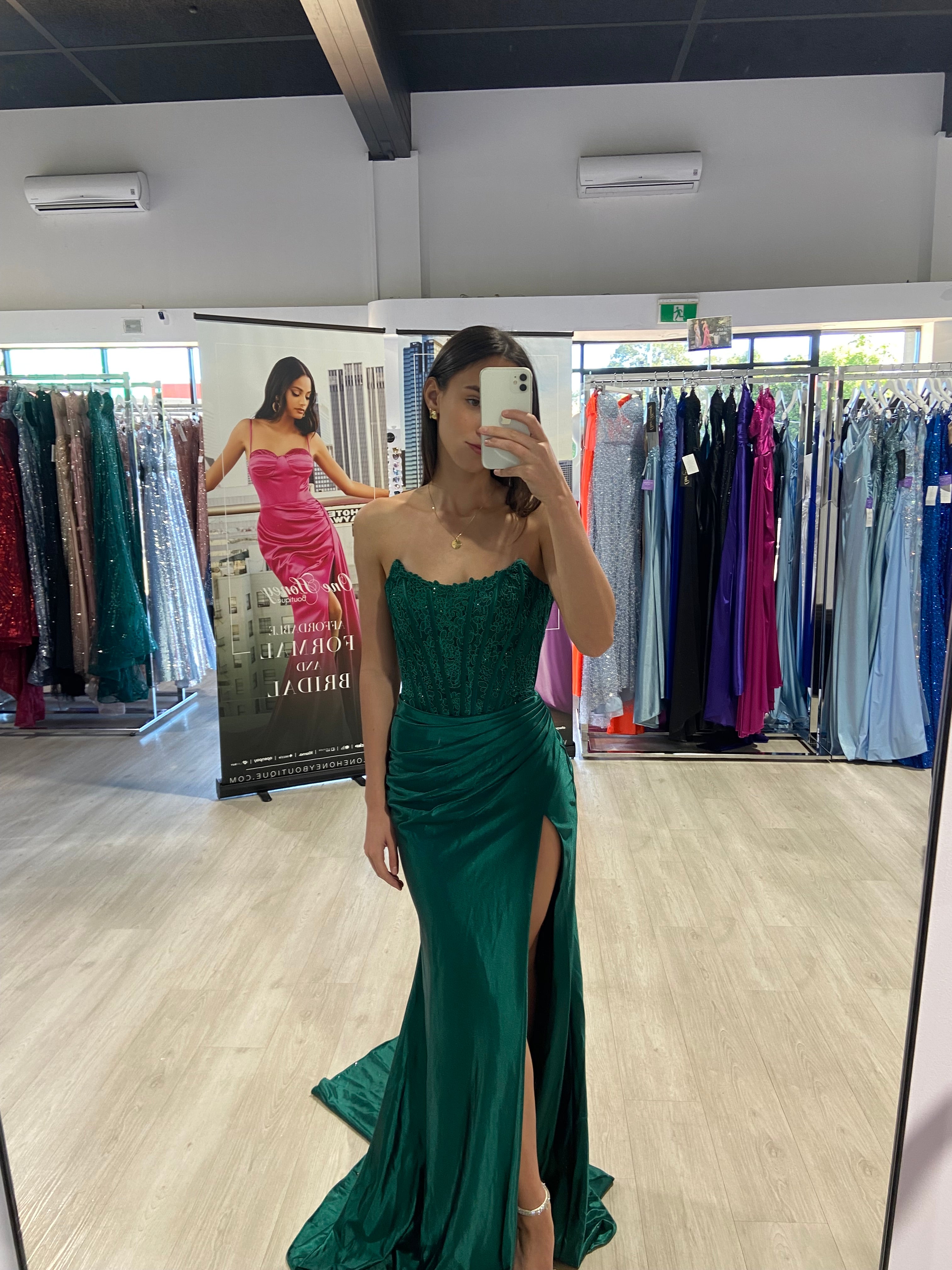 Honey Couture AUGUST Emerald Green Strapless Embellished Bustier Satin Mermaid Formal Dress
