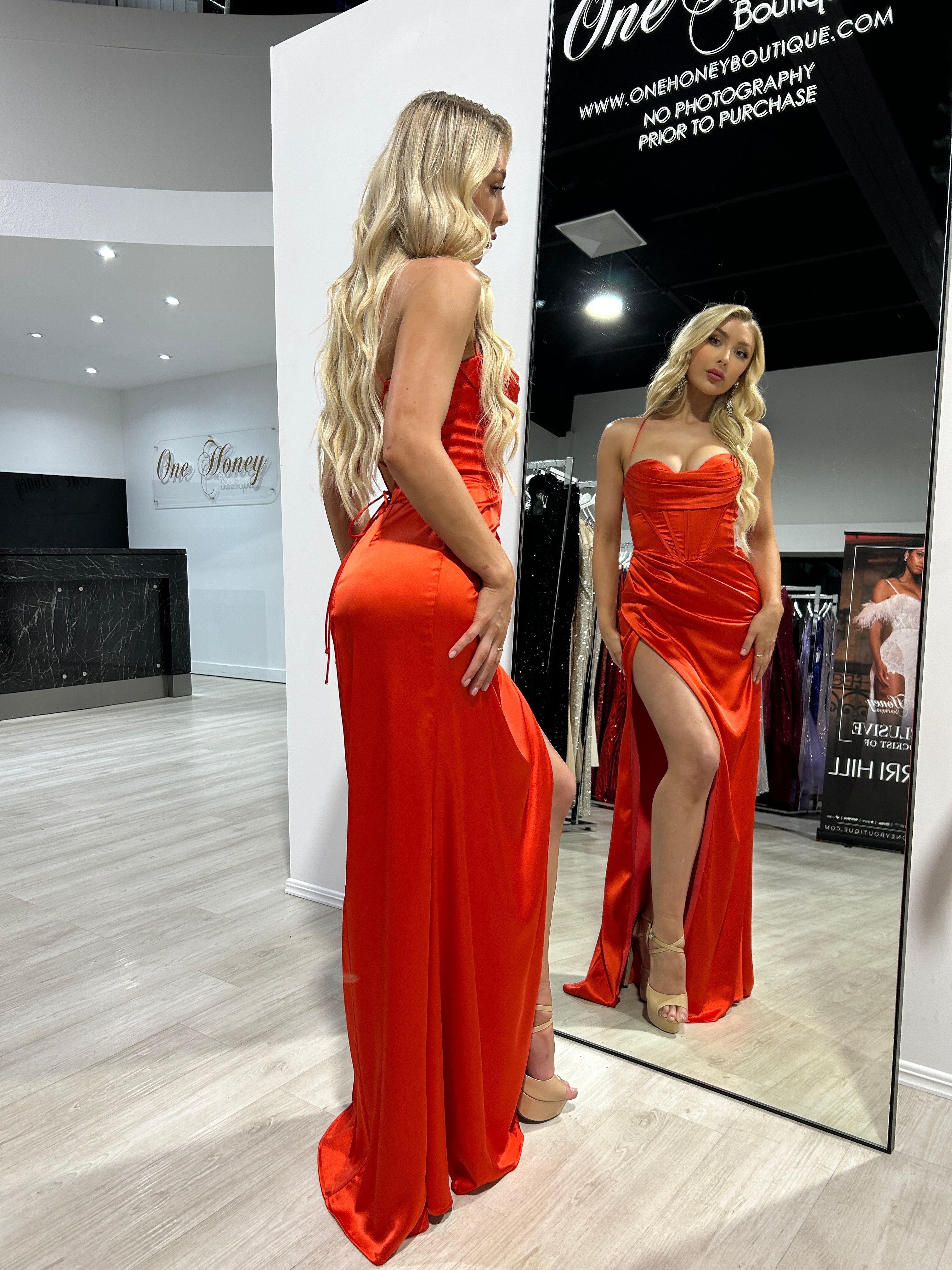 Honey Couture ZENDAYA Orange Satin Corset Bustier Leg Split Formal Dress