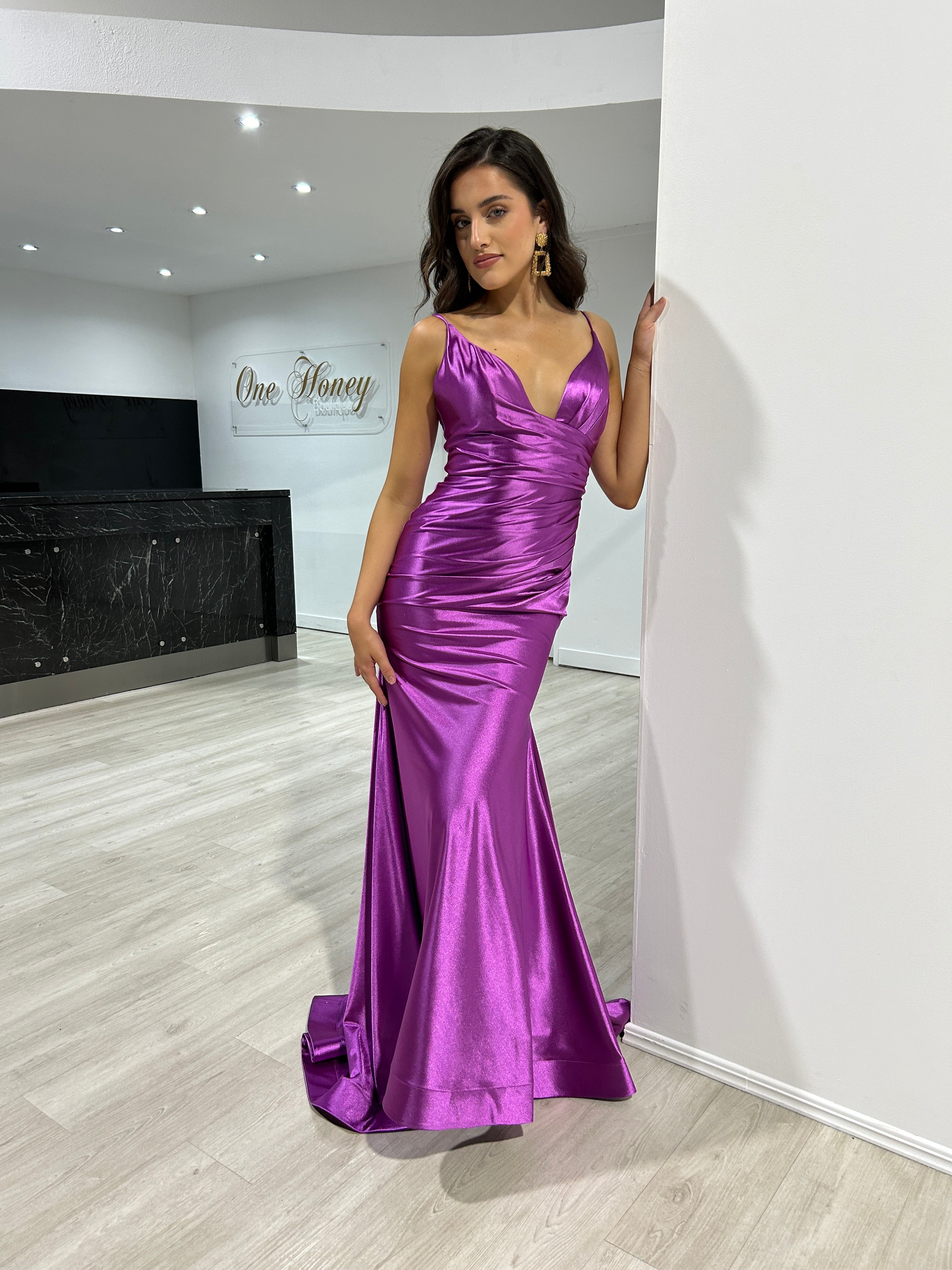 Honey Couture CHARLIE Orchid Stretch Satin Mermaid Formal Dress