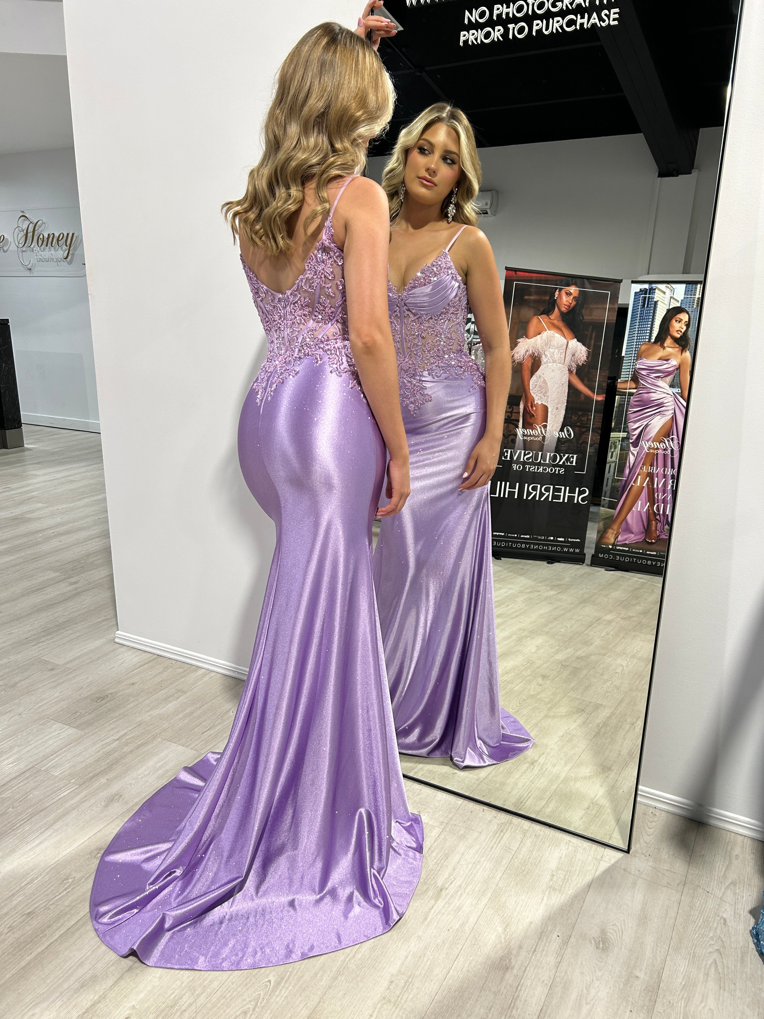 Honey Couture OLYMIA Lavender Embellished Stretch Glitter Satin Mermaid Formal Dress