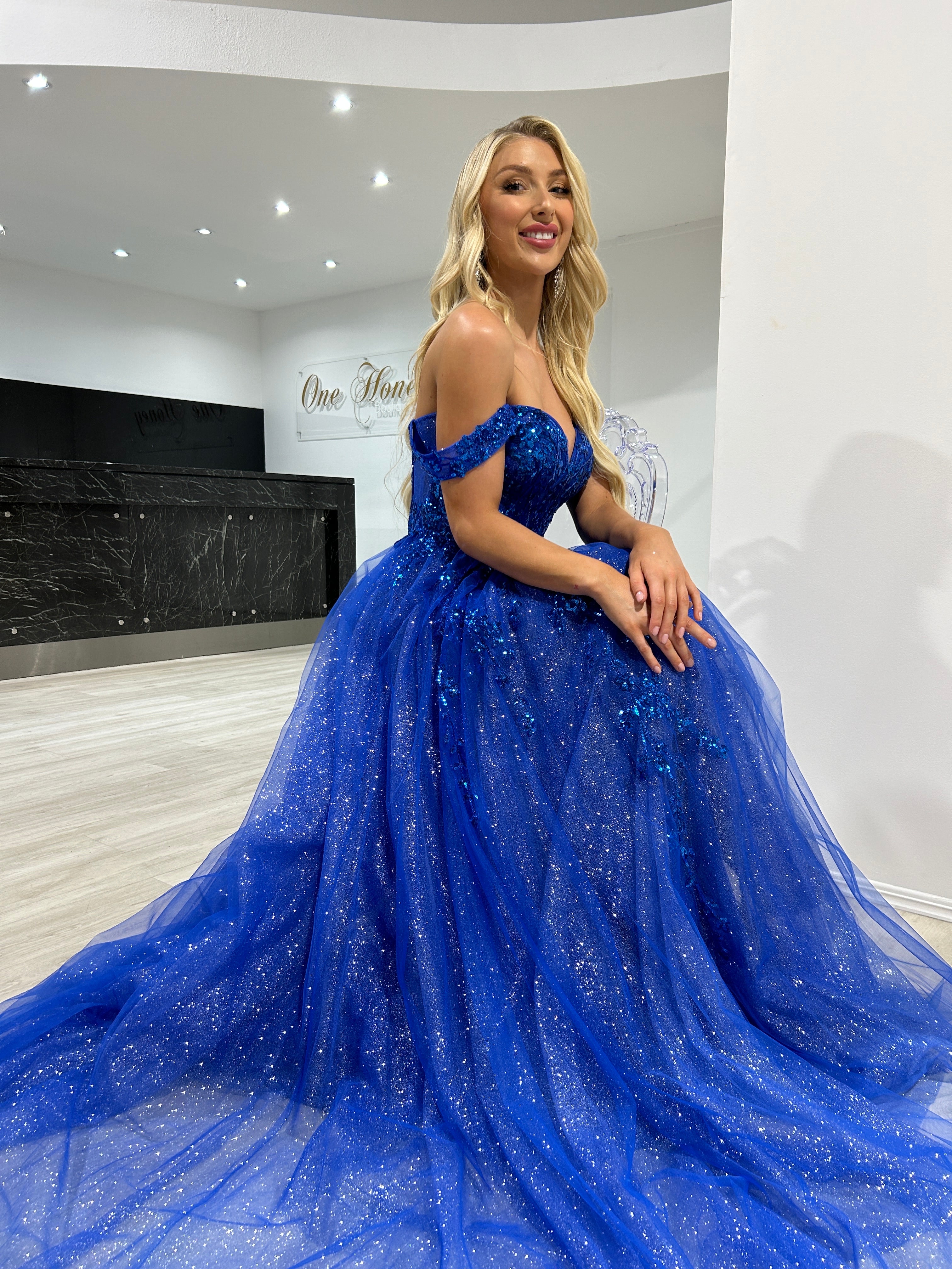 Honey Couture ENOLA Royal Blue Tulle Off the Shoulder Ballgown Formal Dress