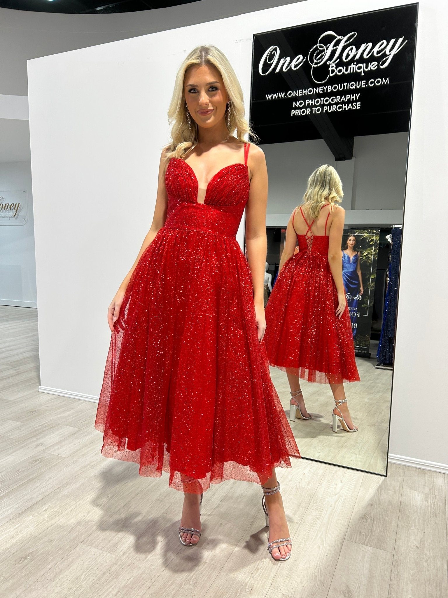 CAM Glitter Tea Length Ball Gown Corset Midi Dress in Australia | One Honey Boutique