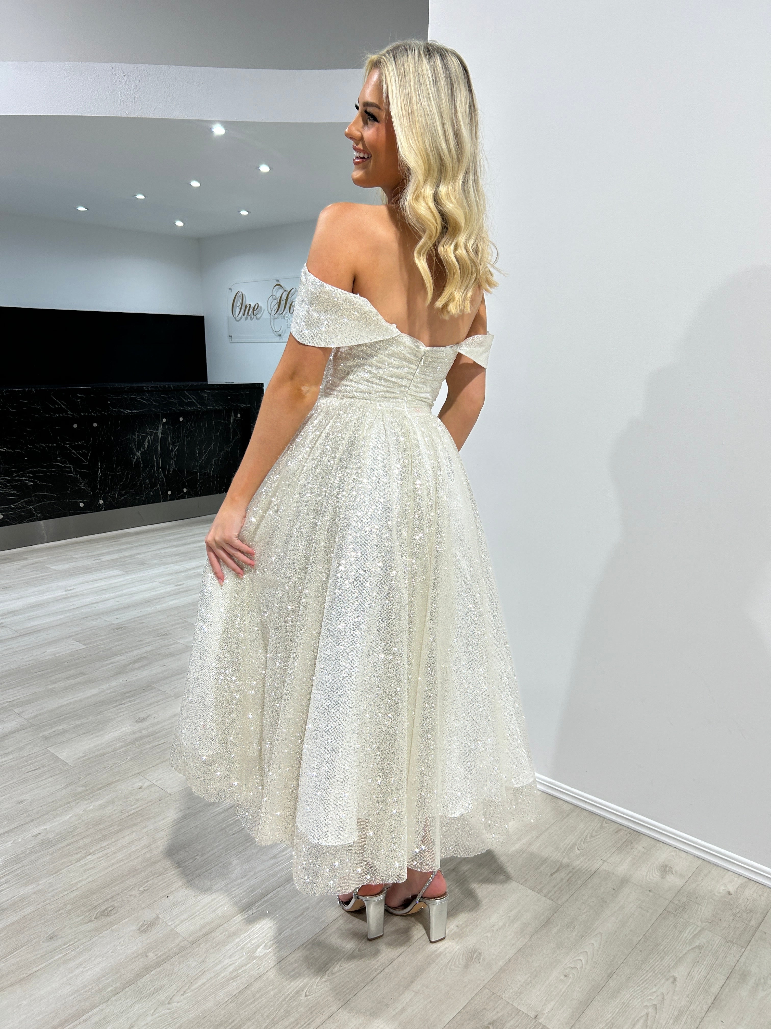 Honey Couture ALINA Off White Glitter Tea Length Off The Shoulder Ball Gown Formal Dress
