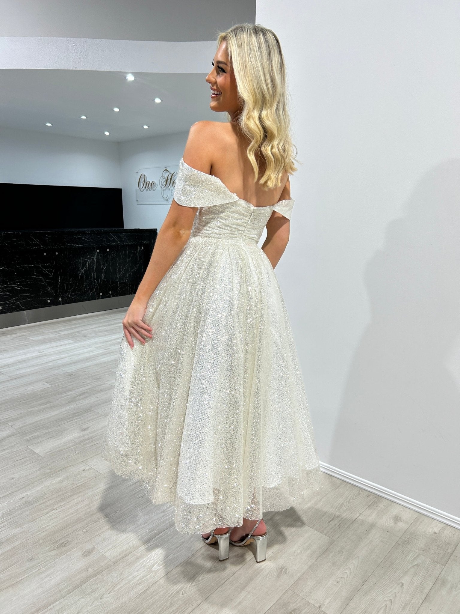 Honey Couture ALINA Off White Glitter Tea Length Off The Shoulder Ball Gown Formal Dress in Australia | One Honey Boutique