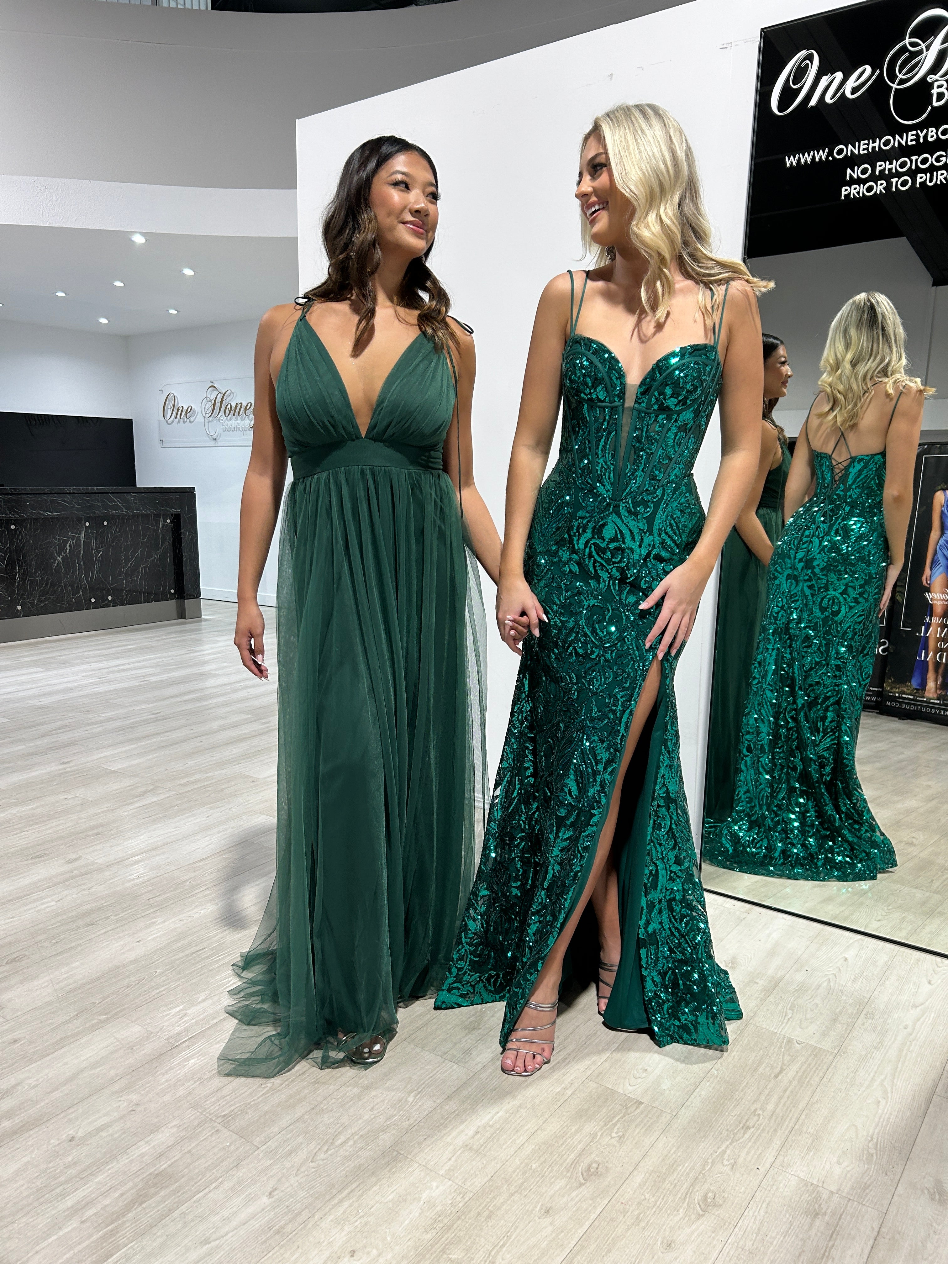Honey Couture BEAU Emerald Tulle A-Line Formal Dress