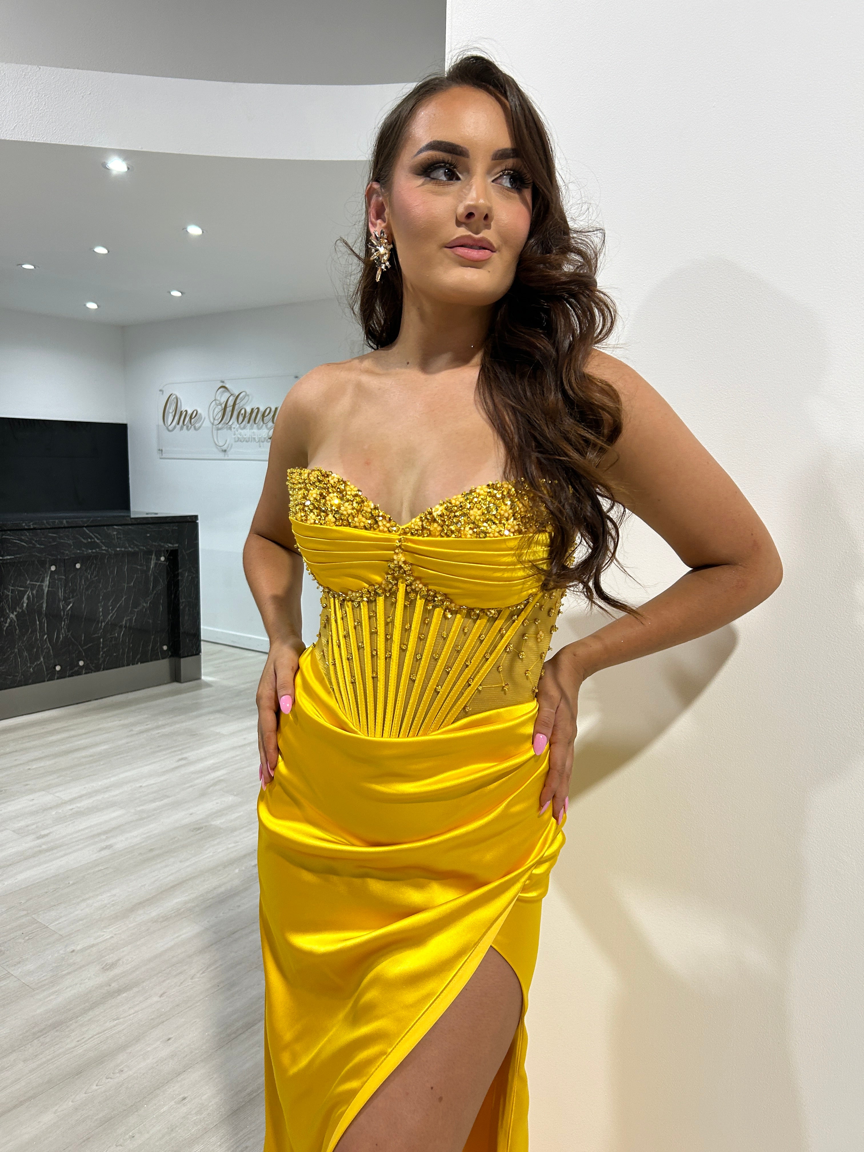 Honey Couture ALIX Marigold Strapless Satin Diamanté Detail Corset Bustier Formal Dress