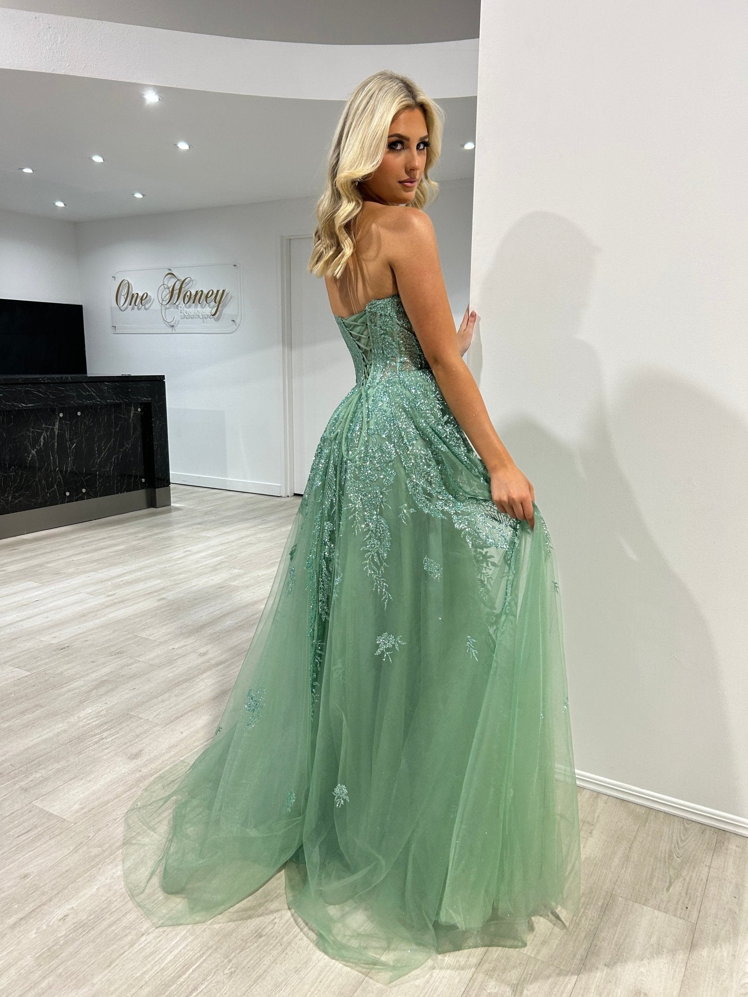 MERCER Strapless Glitter Ball Gown Formal Dress in Australia | One Honey Boutique