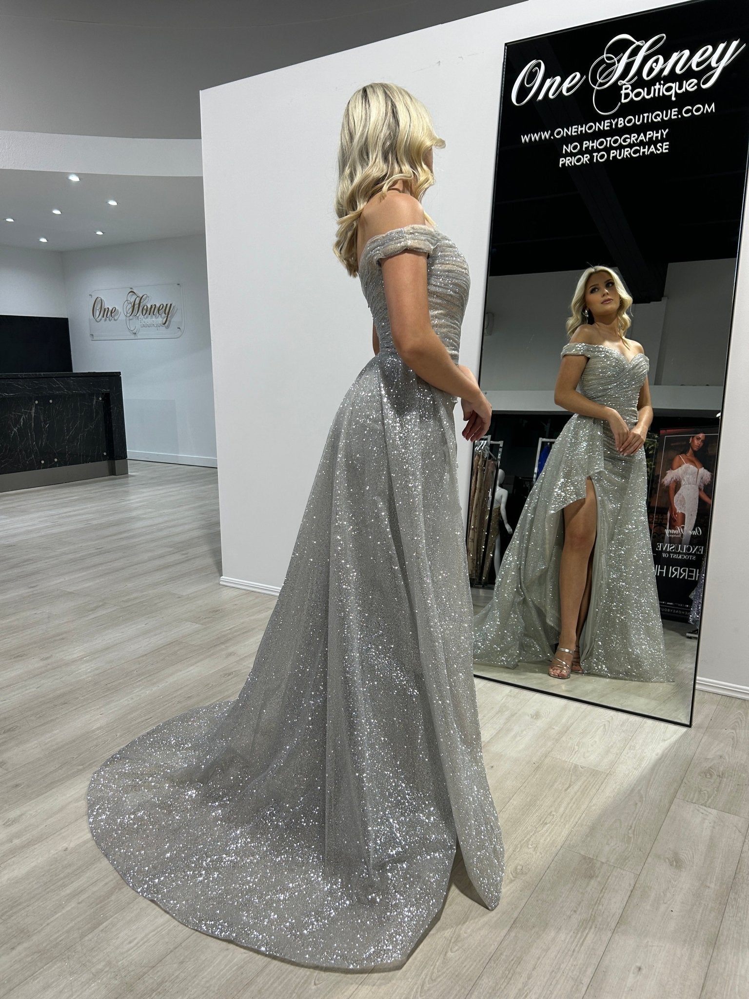 BEBE Glitter Off The Shoulder Overskirt Formal Dress in Australia | One Honey Boutique