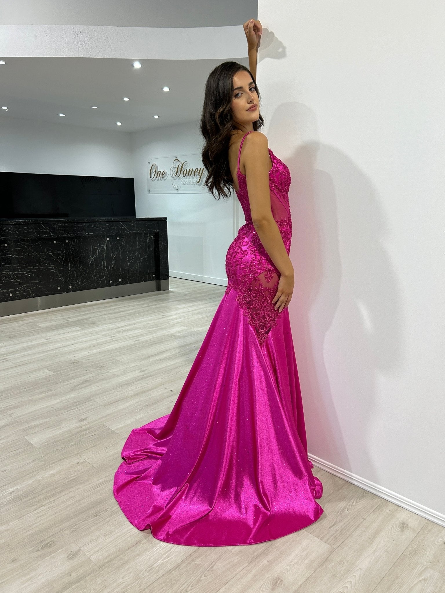 JEAN Lace & Glitter Fishtail Trumpet Formal Dress in Australia | One Honey Boutique