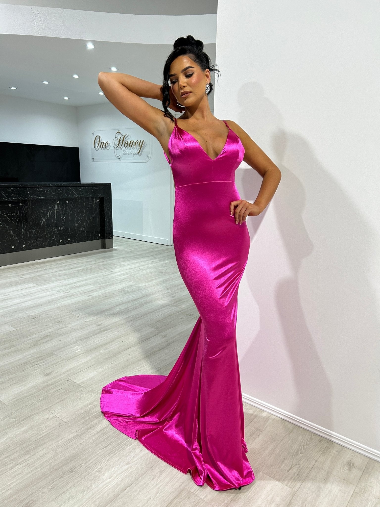 Honey Couture Kylie Low Back Bum Ruched Mermaid Evening Gown Dress in Australia | One Honey Boutique