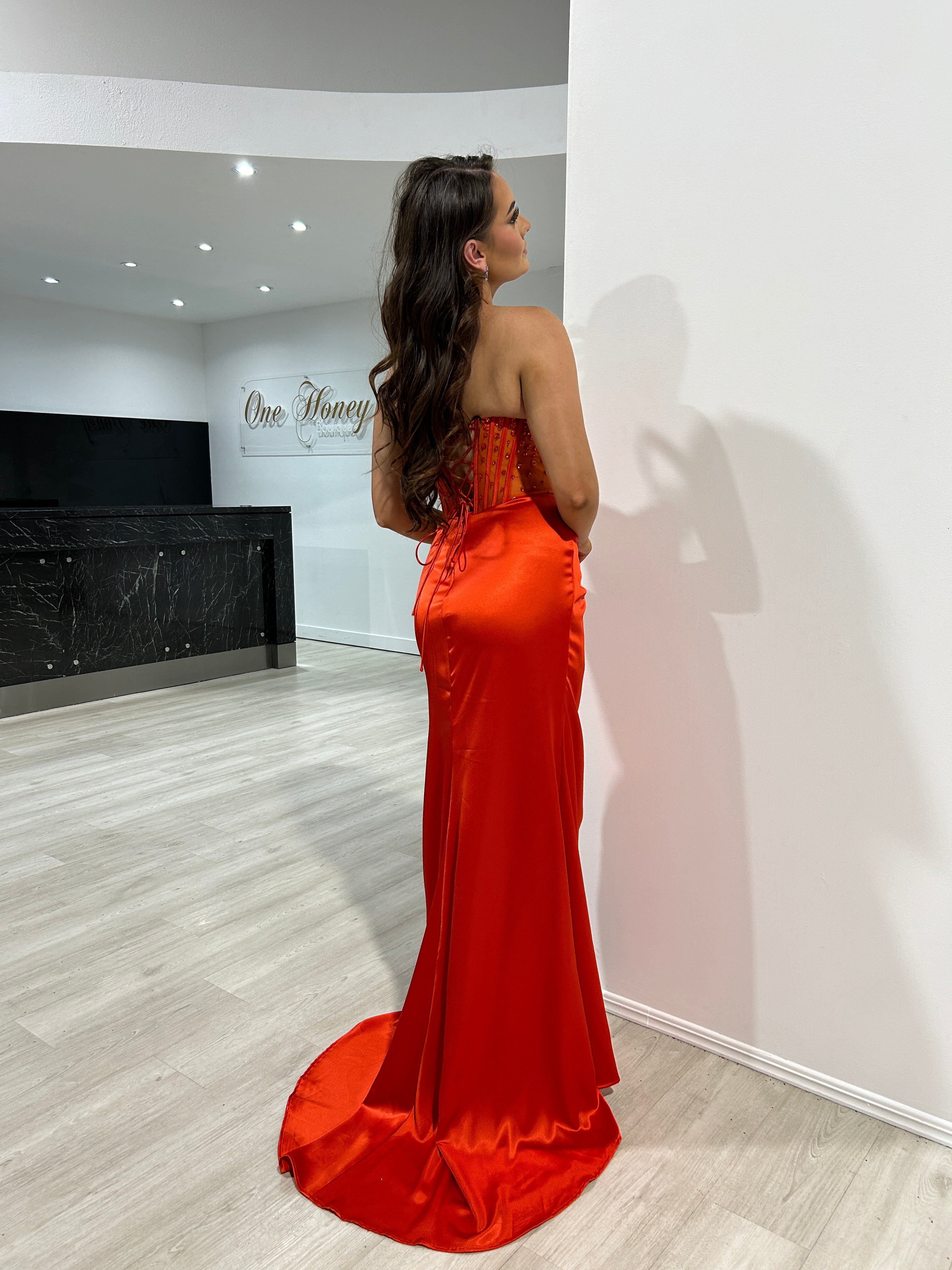 Honey Couture ALIX Sunkissed Orange Strapless Satin Diamanté Detail Corset Bustier Formal Dress