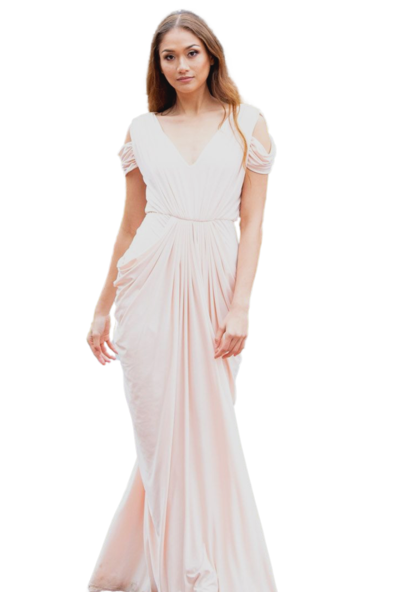 Pia Gladys Perey DARLA silk jersey dress with deep V neckline, cold shoulder, mermaid bridesmaid gown, Brisbane to Gold Coast.