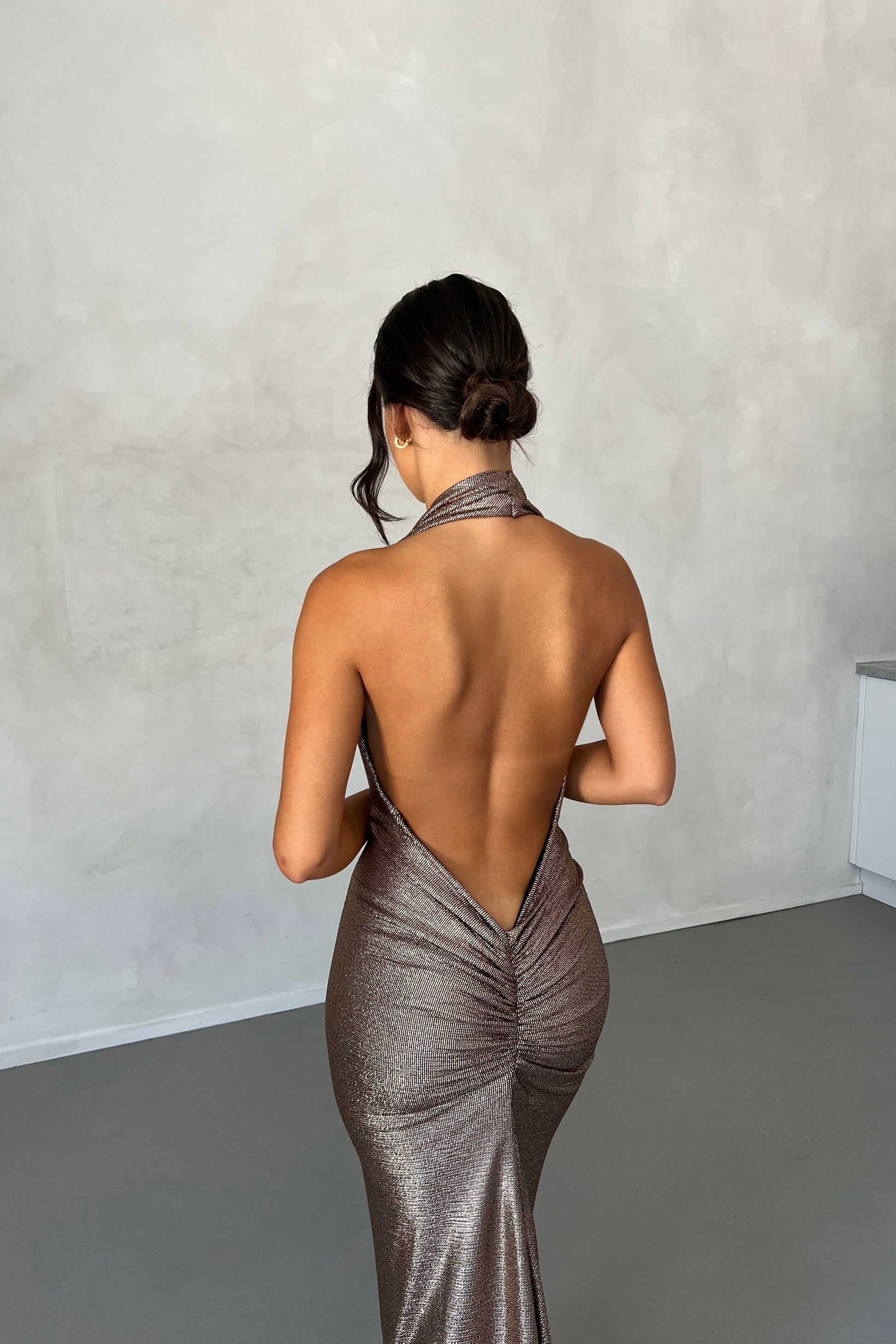 MÉLANI The Label MARIA Bronze Gold Foil Cowl Neck Open Back Dress