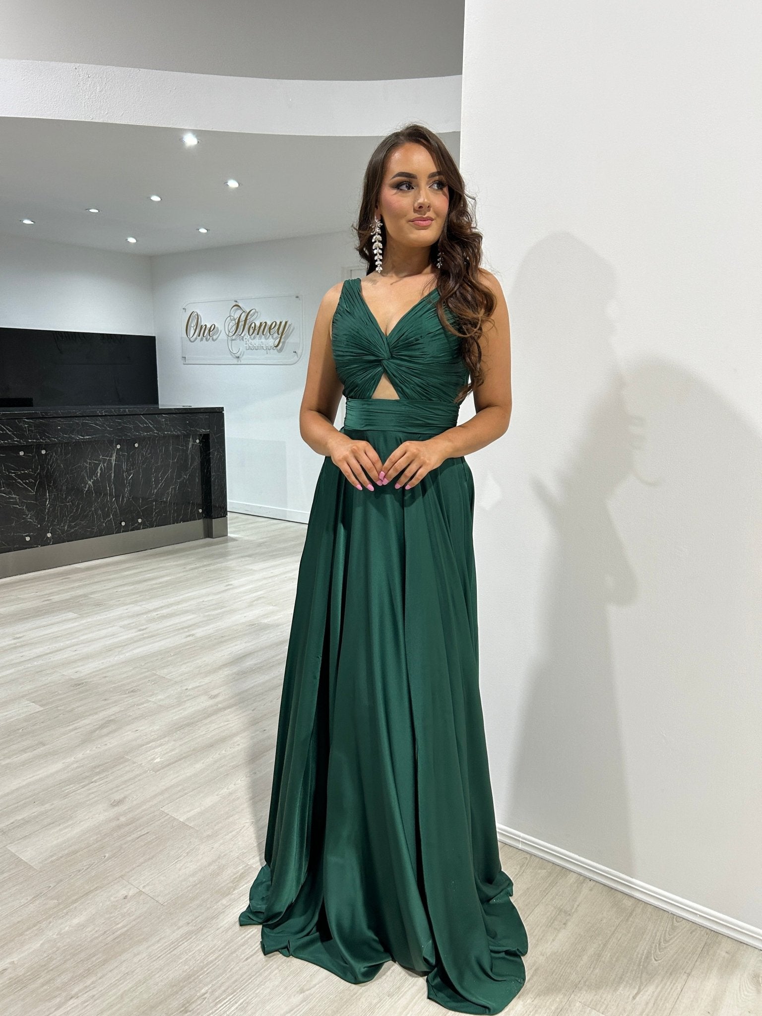 Honey Couture WILLOWMENA Emerald Green Keyhole Silky A Line Bridesmaid Formal Dress in Australia | One Honey Boutique