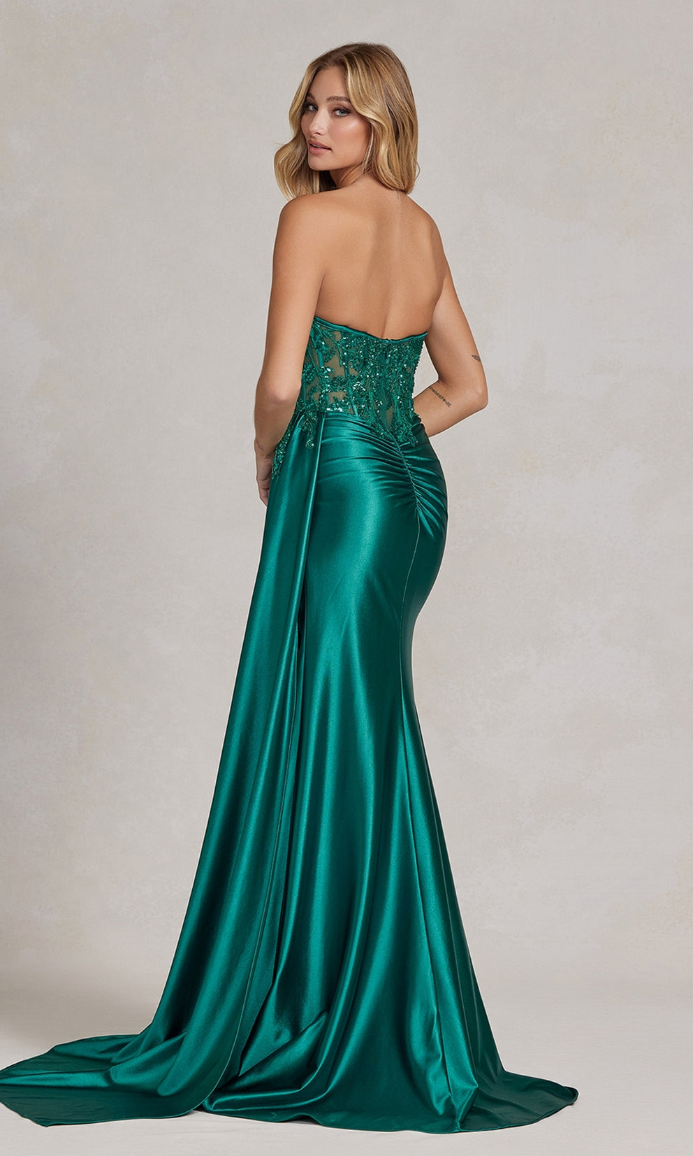 KIANA Emerald Green Strapless Sequin Bustier Corset Silky Mermaid Prom Formal Dress