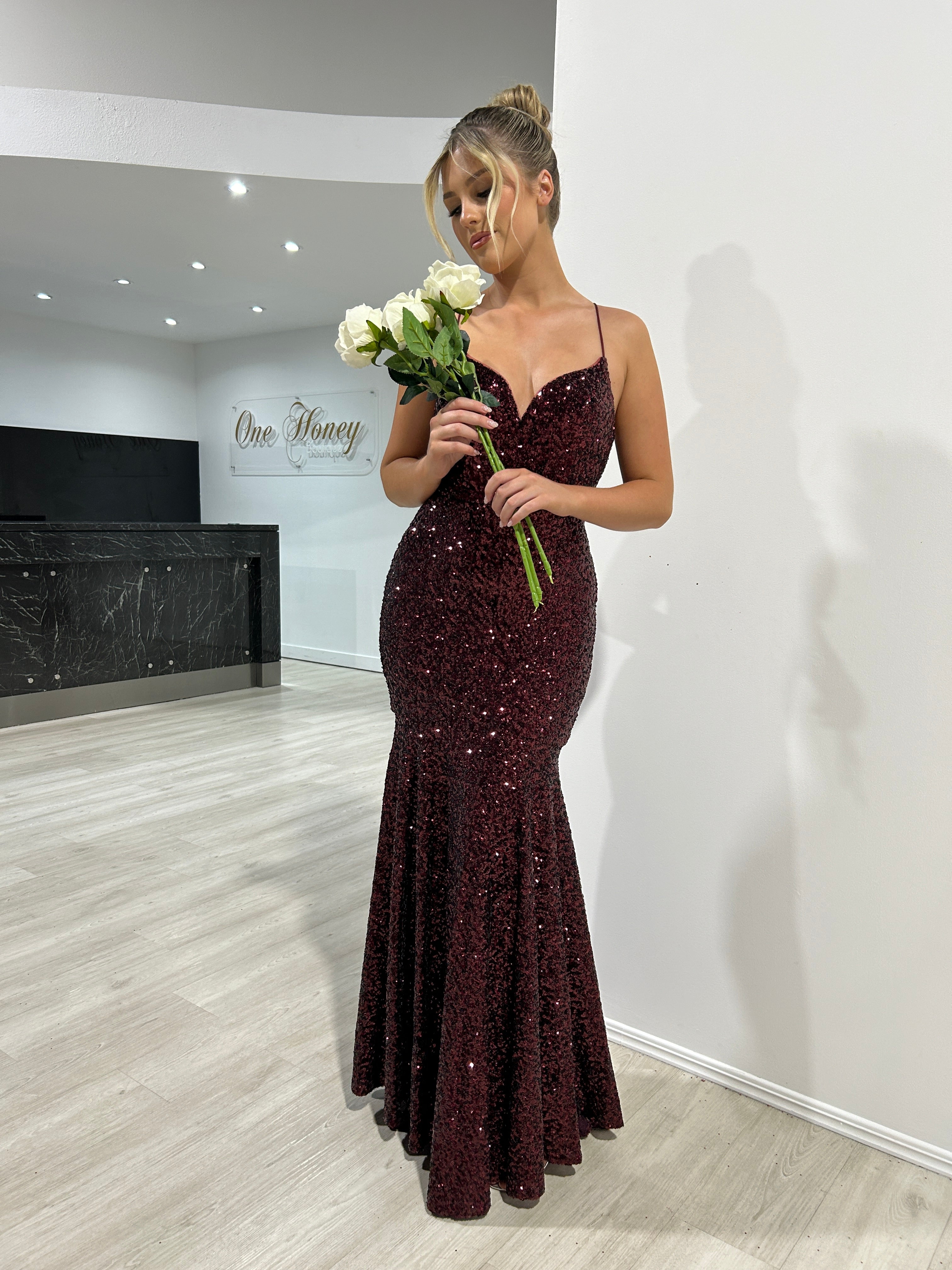Honey Couture NORMA Burgundy Sequin Mermaid Formal Dress