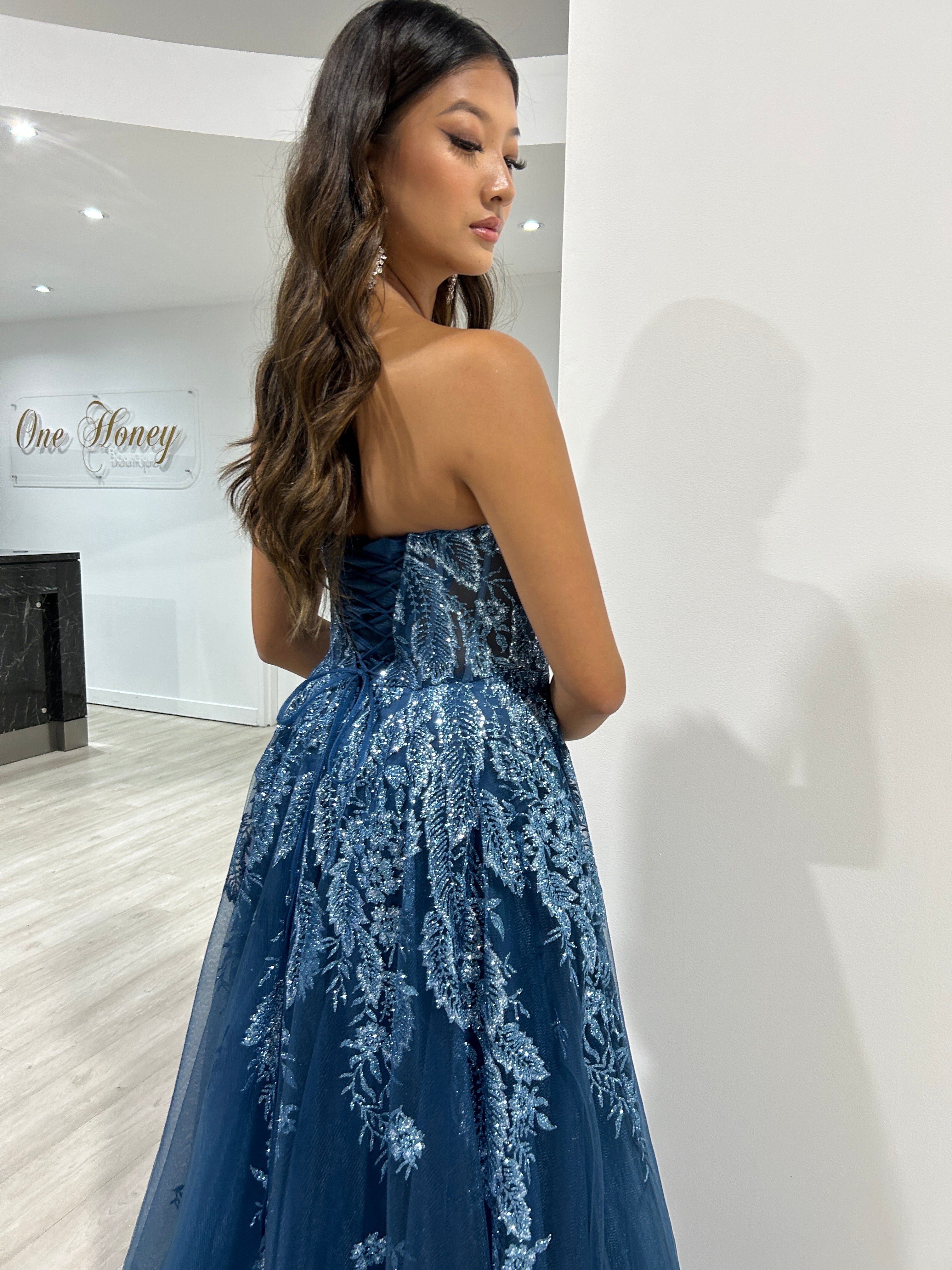 Honey Couture MERCER Lapis Blue Strapless Glitter Ball Gown Formal Dress