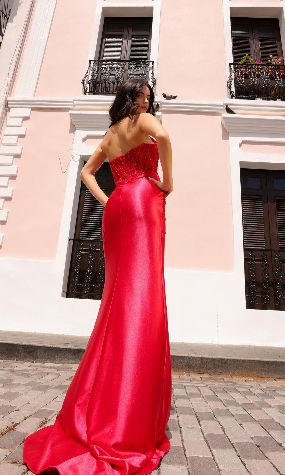 ELYSIA Red Sequin Bustier Corset Silky Mermaid Formal Dress