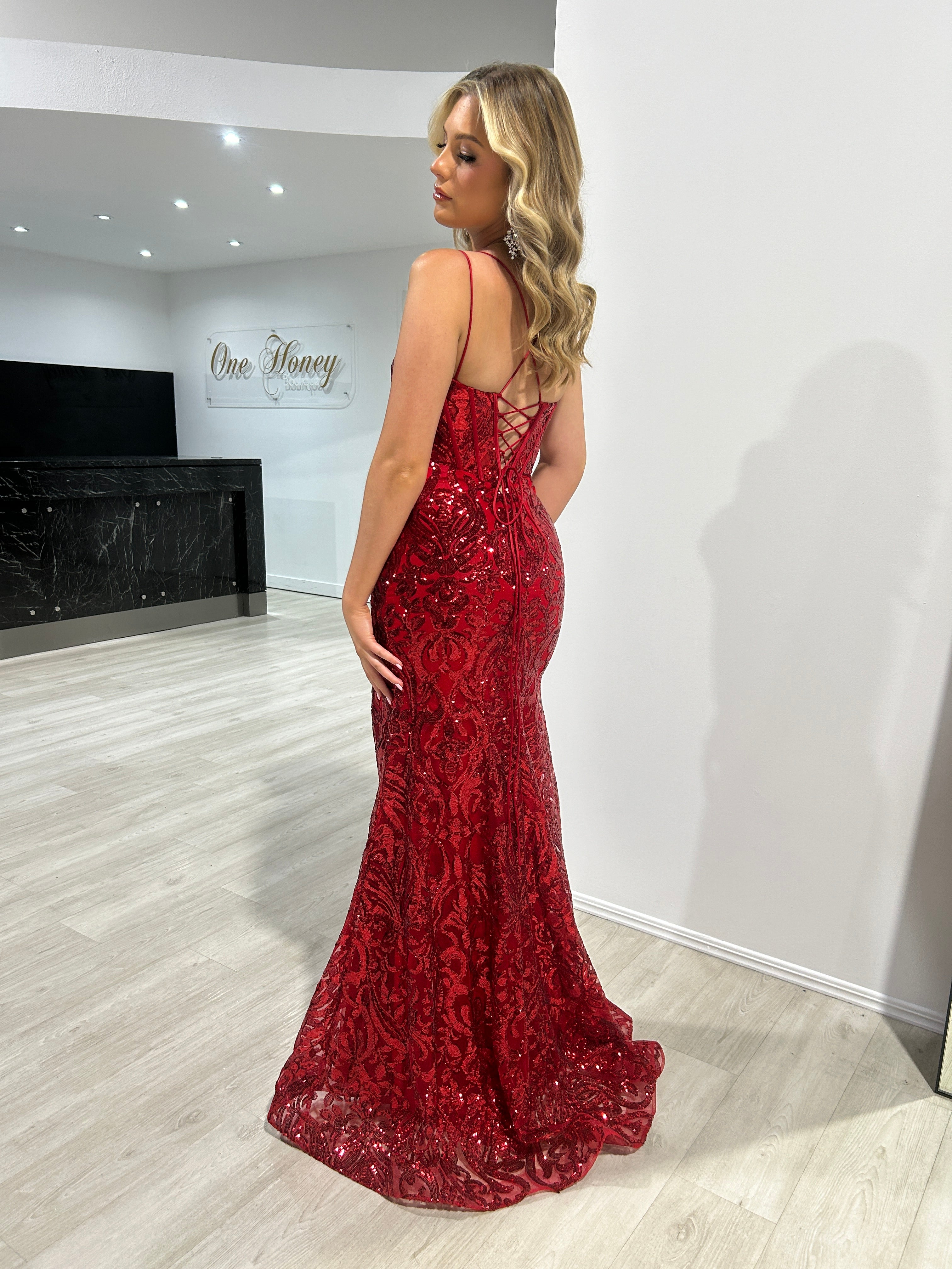 Honey Couture MILLIE Red Sequin Corset Mermaid Formal Gown Dress