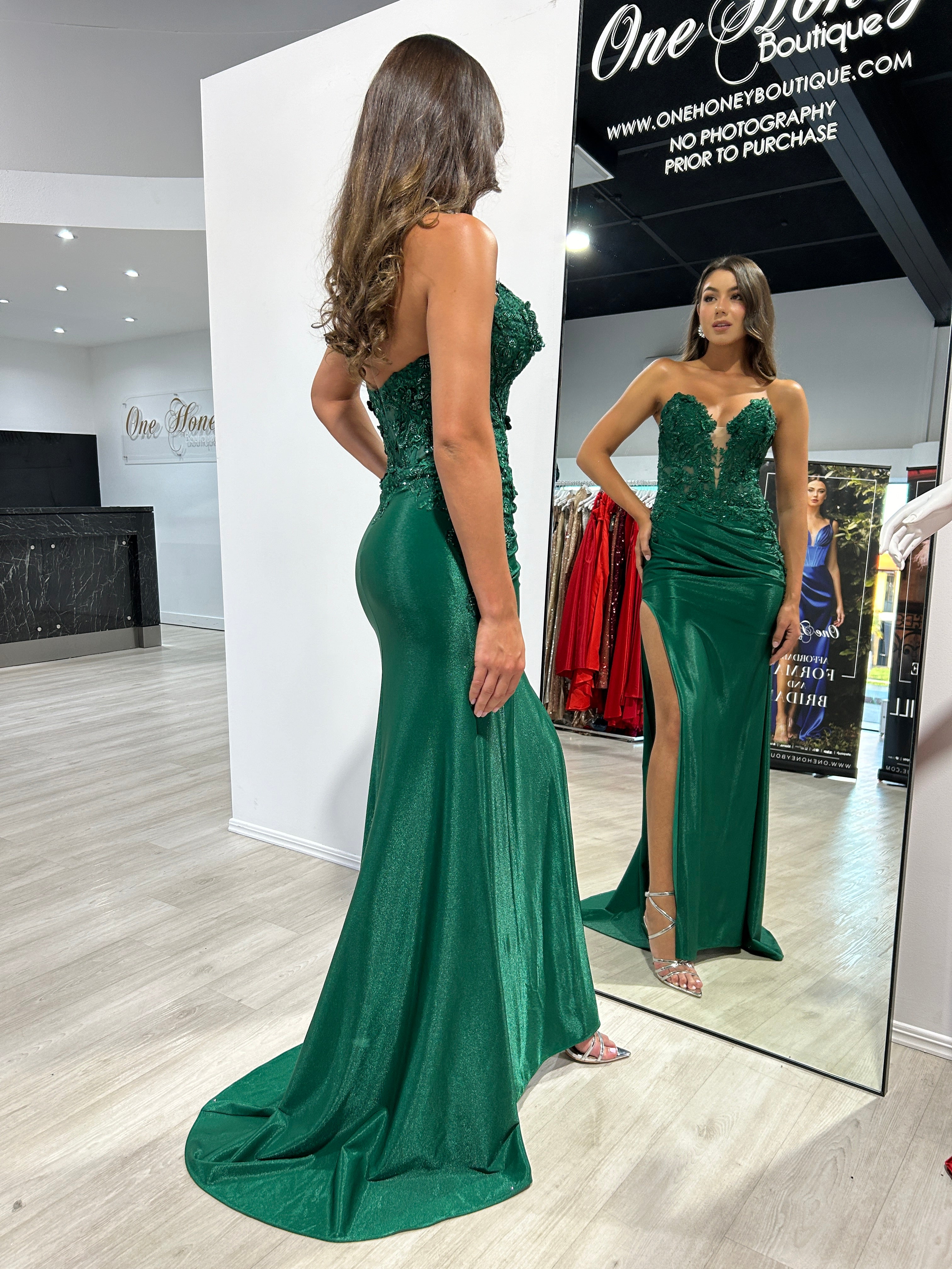 Honey Couture BRIDGETTE Emerald Strapless Satin Appliqué Mermaid Formal Dress