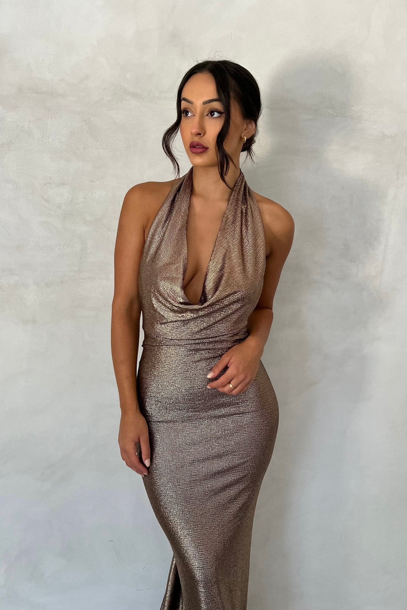 MÉLANI The Label MARIA Foil Cowl Neck Open Back Dress in Australia | One Honey Boutique