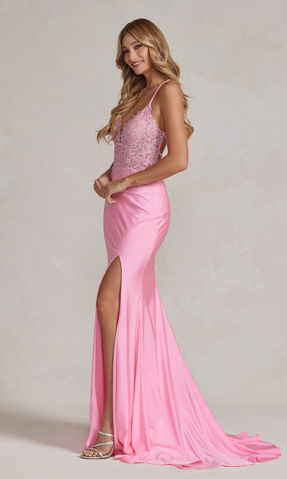 RENATA Pink Low Back Lace Feature Mermaid Formal Dress