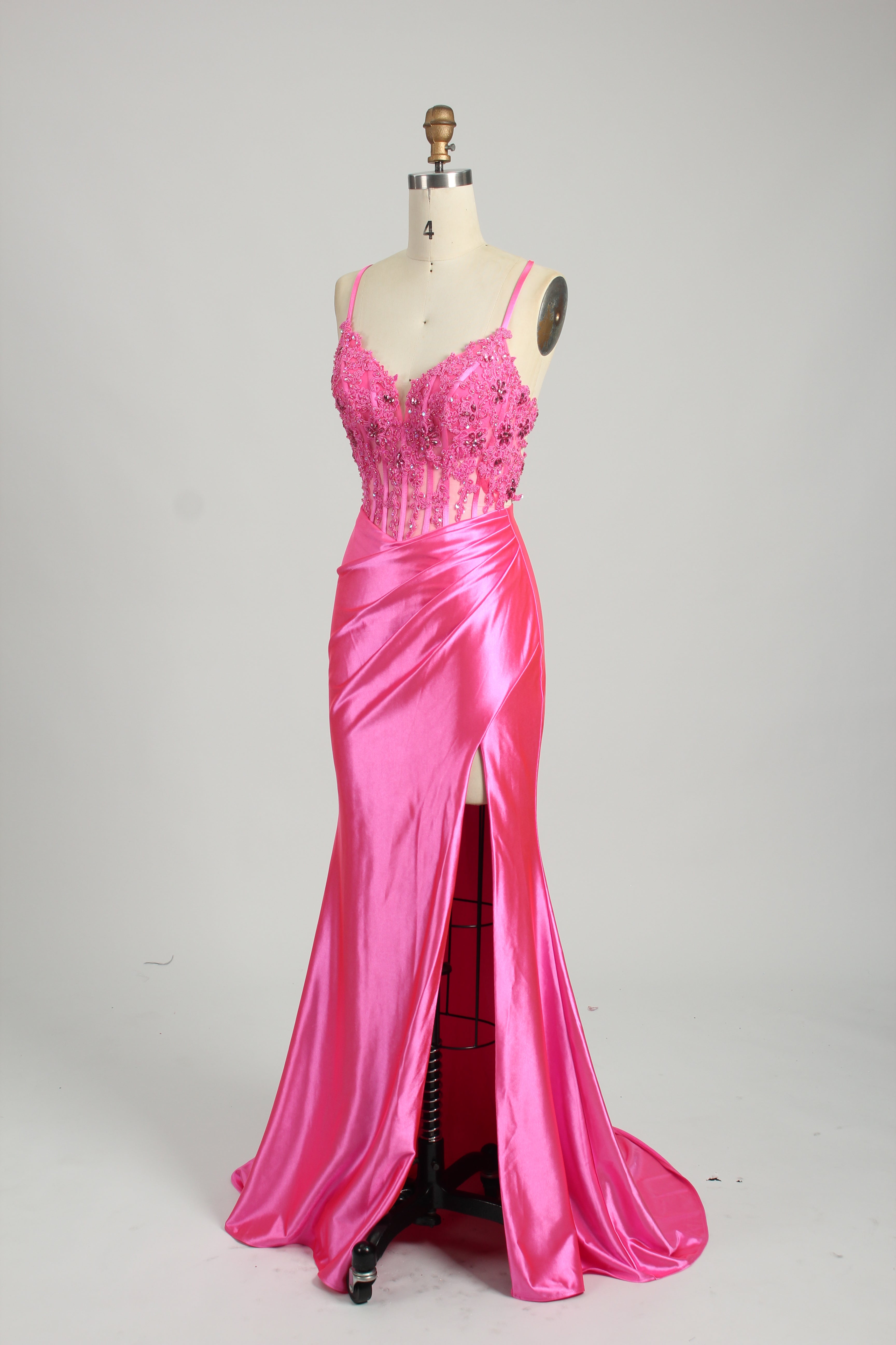 Honey Couture ALORA Fuchsia Hot Pink Embellished Bustier Corset Satin Mermaid Formal Dress