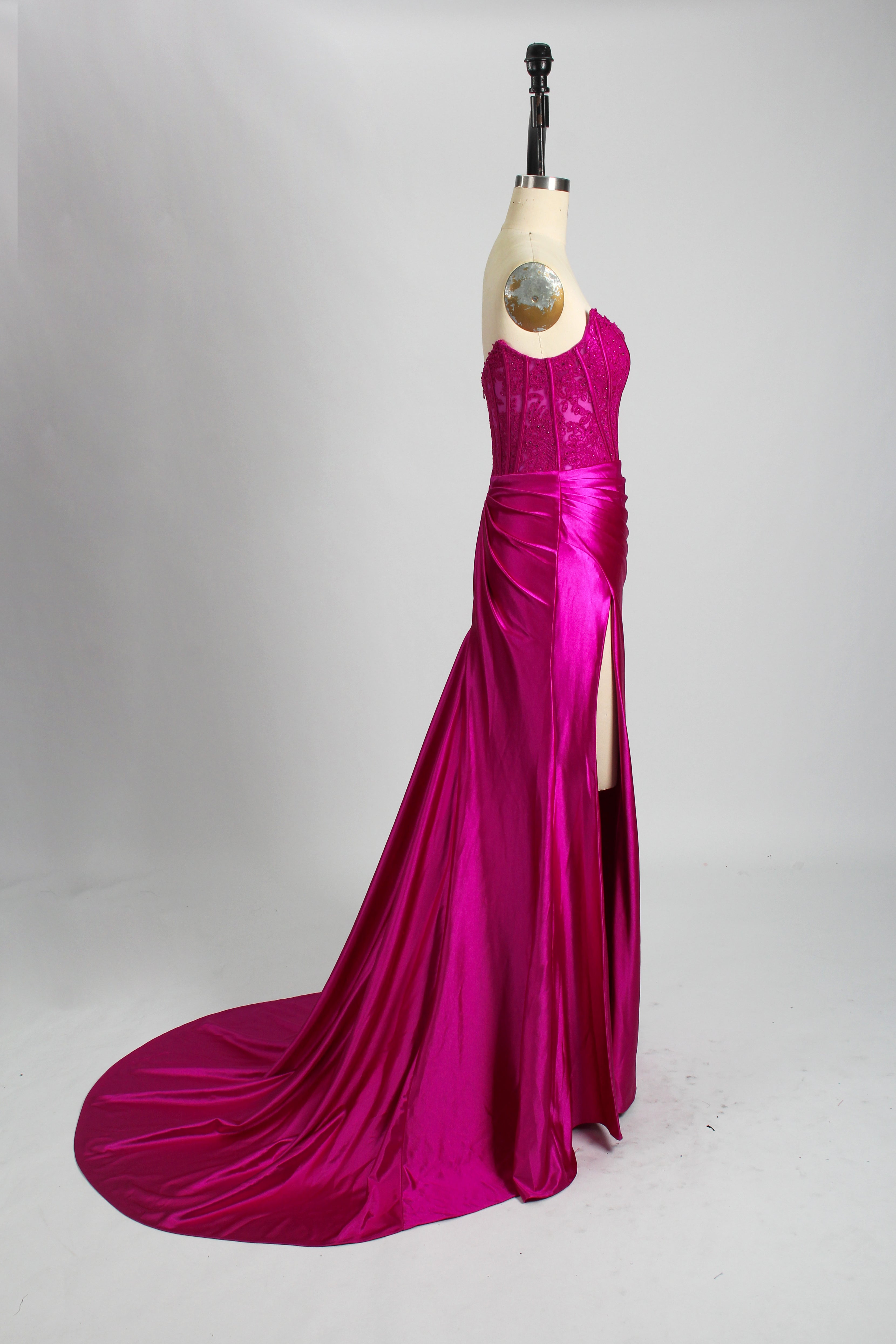 Honey Couture AUGUST Hot Pink Strapless Embellished Bustier Satin Mermaid Formal Dress