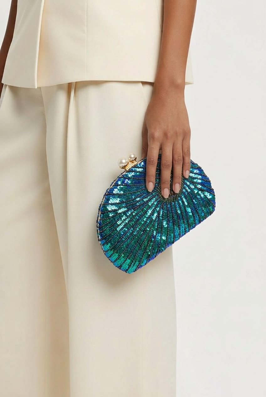 Honey Couture MONET Peacock Beaded Clutch Bag for Formal & Evening Wear