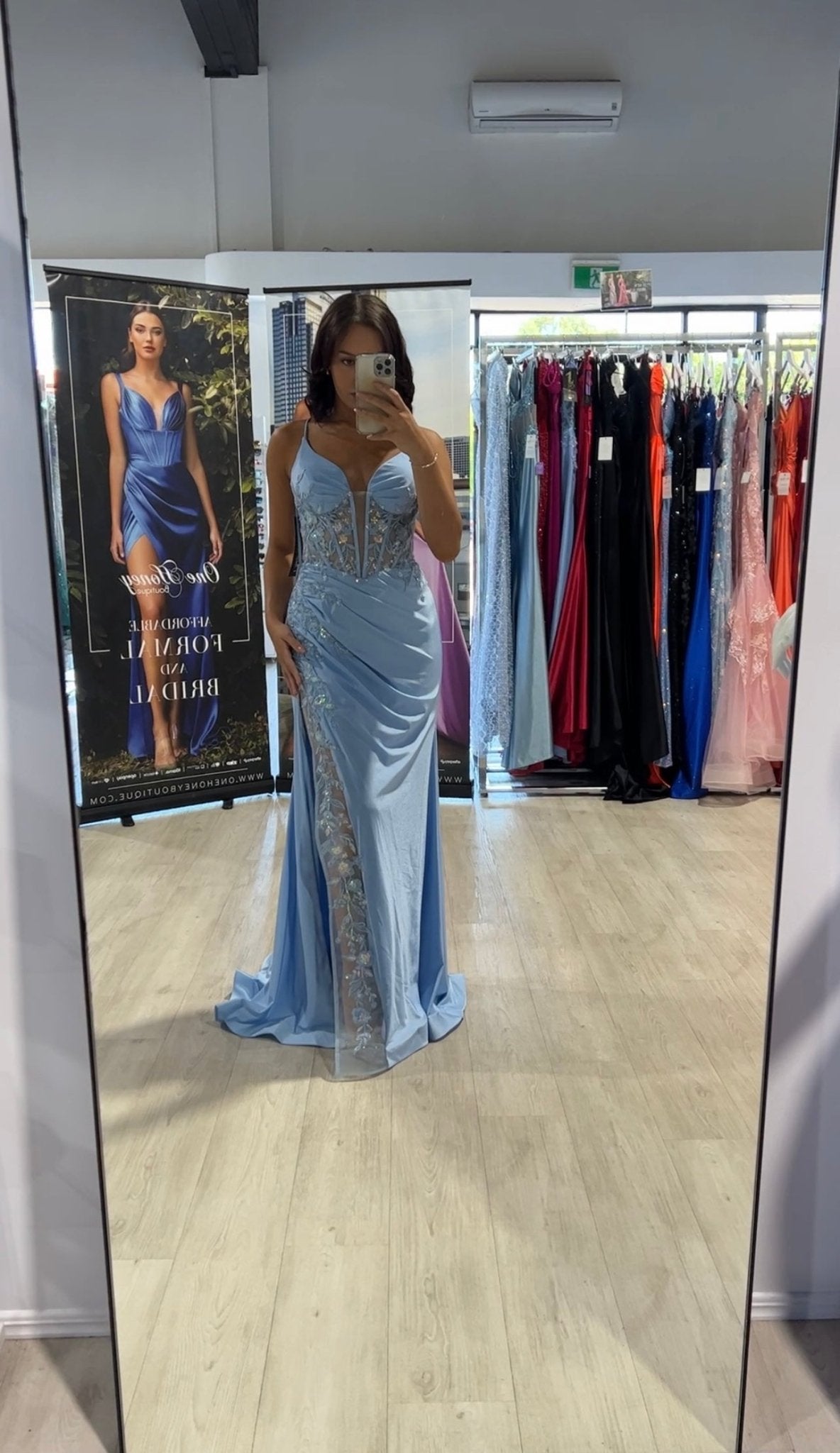 Honey Couture ARIA Baby Blue Lace Insert Corset Back Formal Dress in Australia | One Honey Boutique