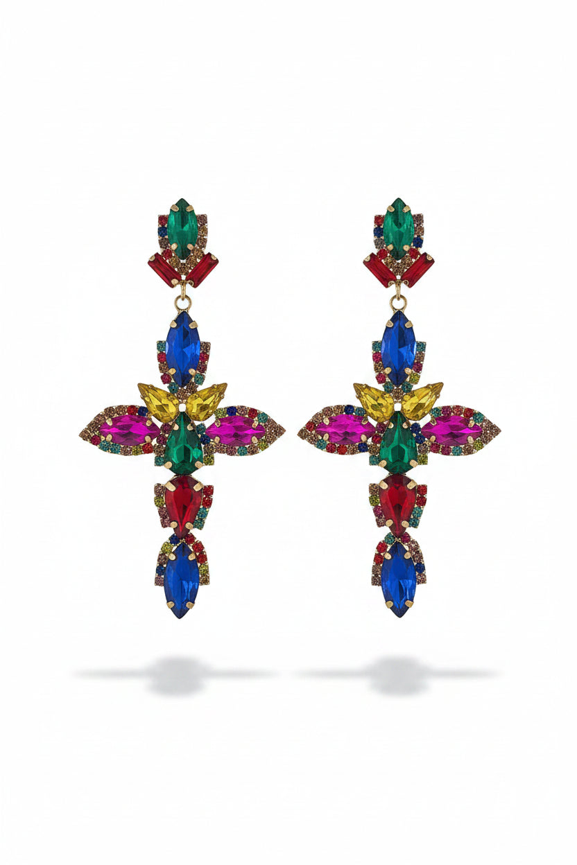 Honey Couture VALENCIA Multicolour Crystal Cross Statement Earrings