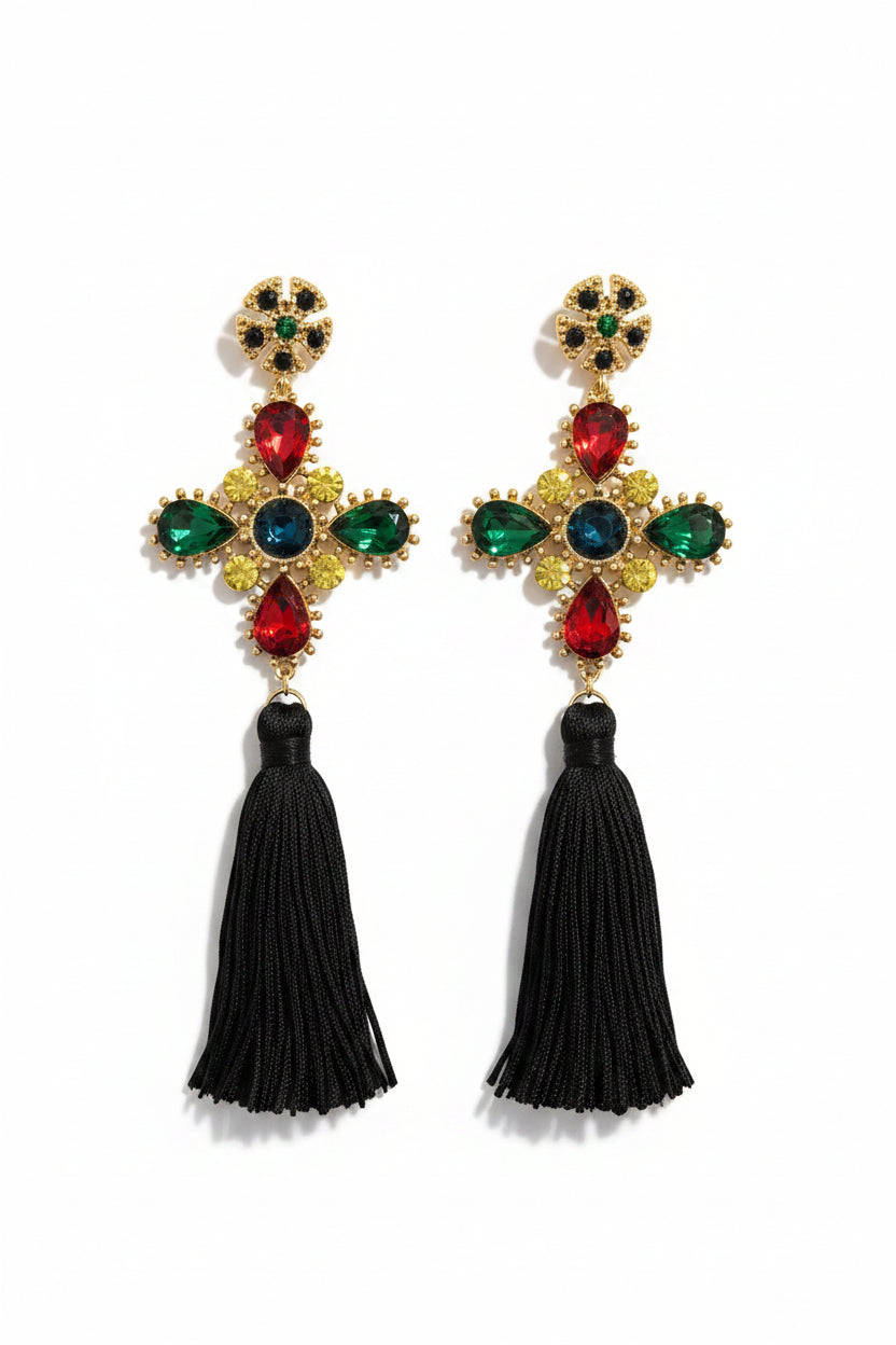 Honey Couture SAVANNAH Crystal Cross Tassel Statement Earrings