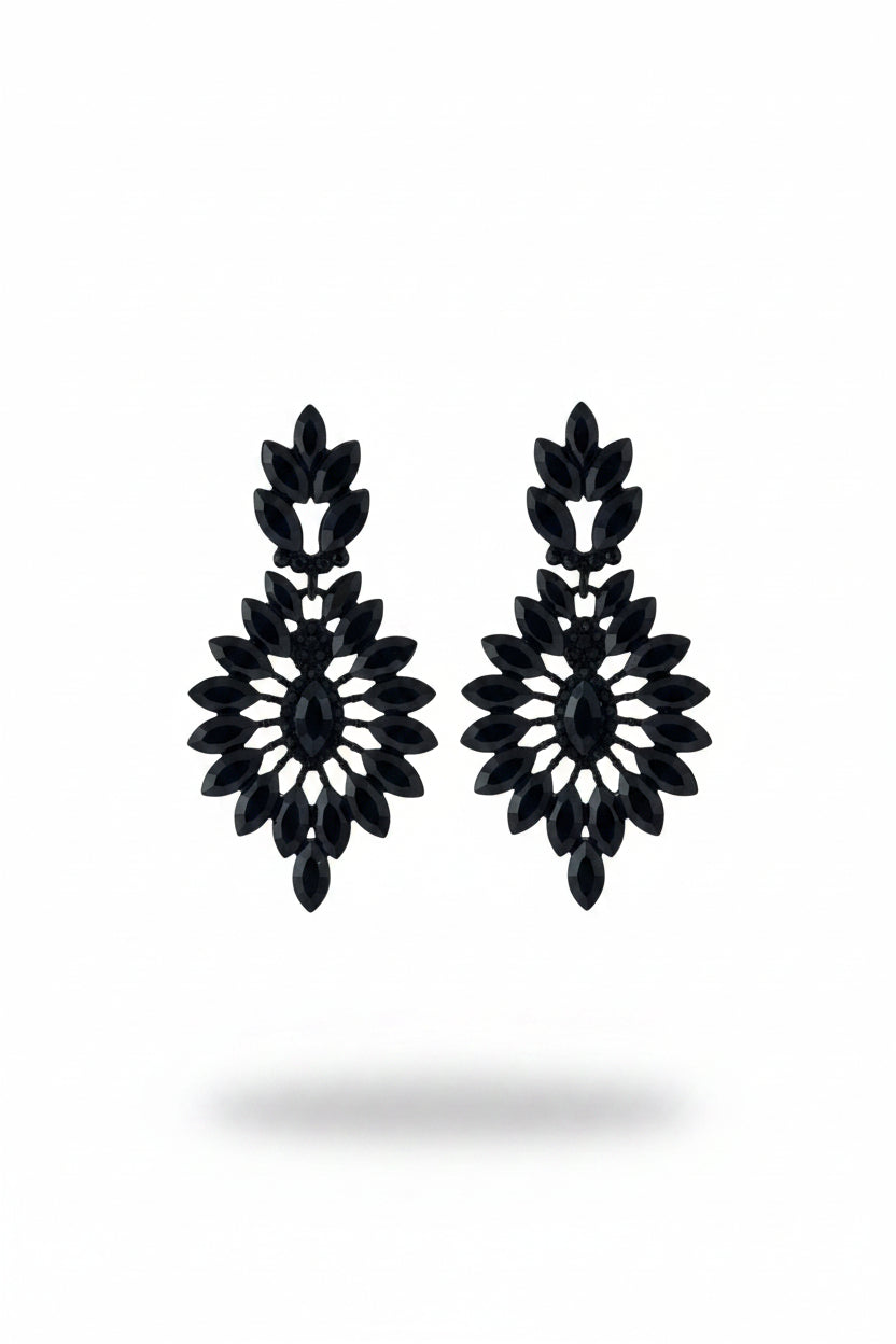 Honey Couture NOIRA Black Crystal Floral Statement Earrings