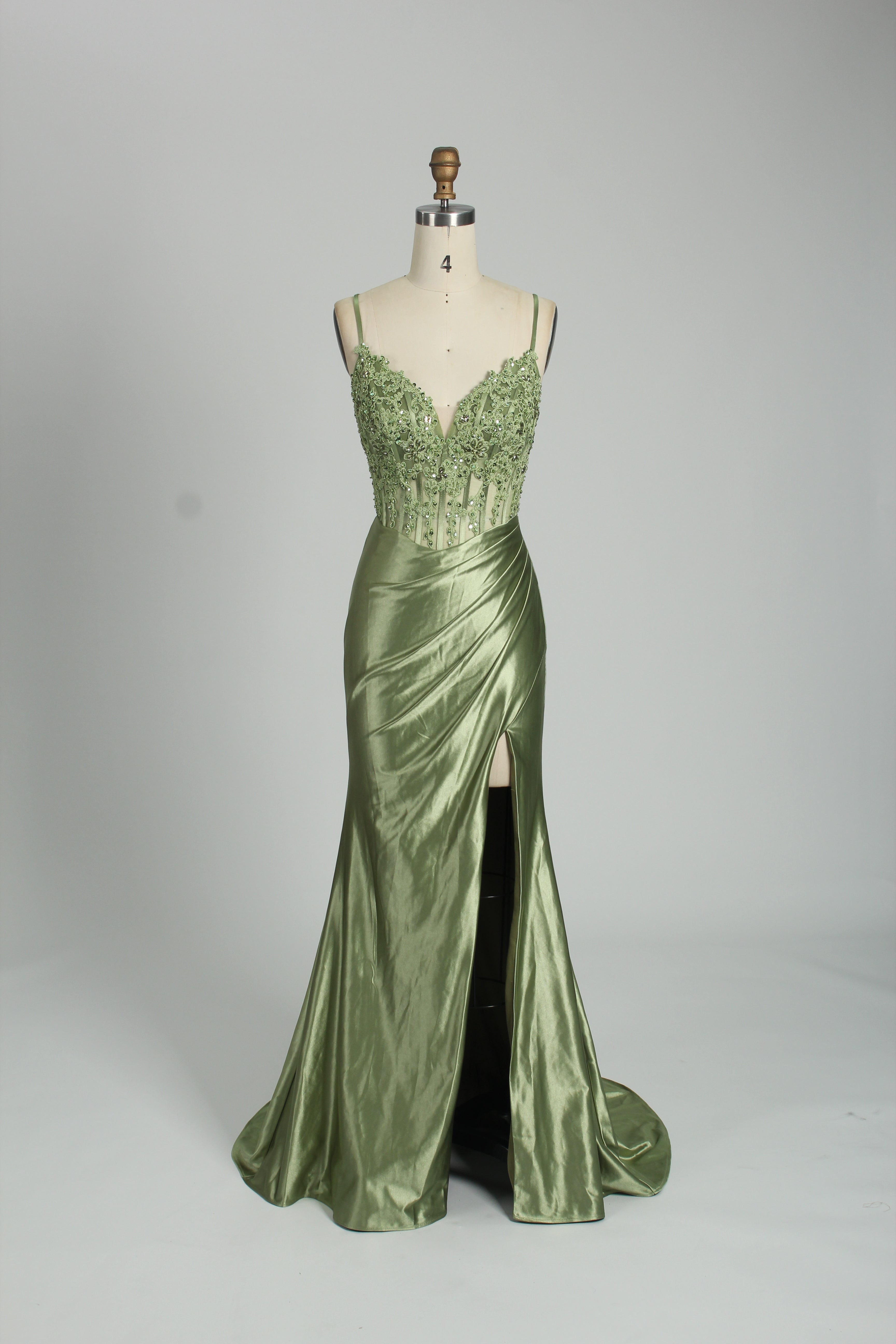 Honey Couture ALORA Sage Green Embellished Bustier Corset Satin Mermaid Formal Dress