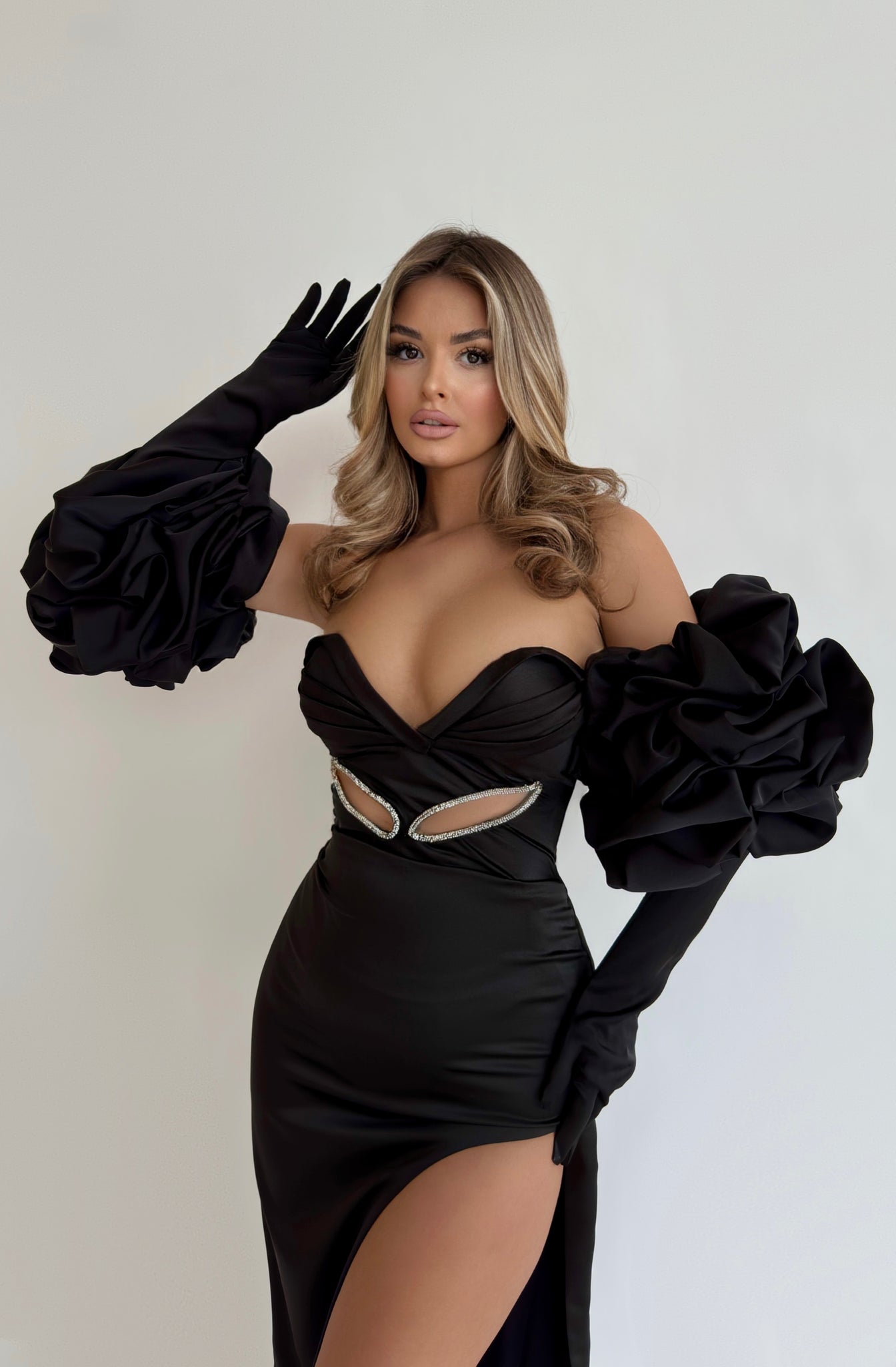 MINNA Fashion DONATELLA Black Silky Strapless Cut Out Mermaid Formal Dress W/ Gloves