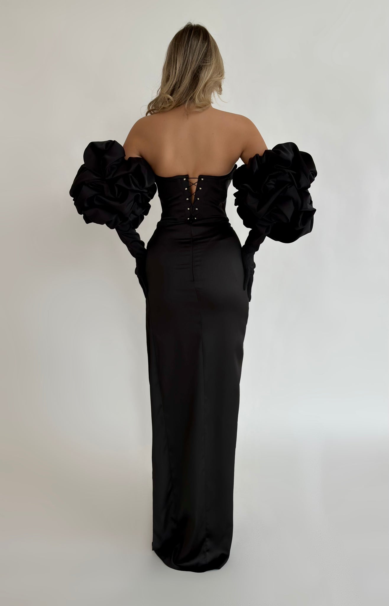 MINNA Fashion DONATELLA Black Silky Strapless Cut Out Mermaid Formal Dress W/ Gloves