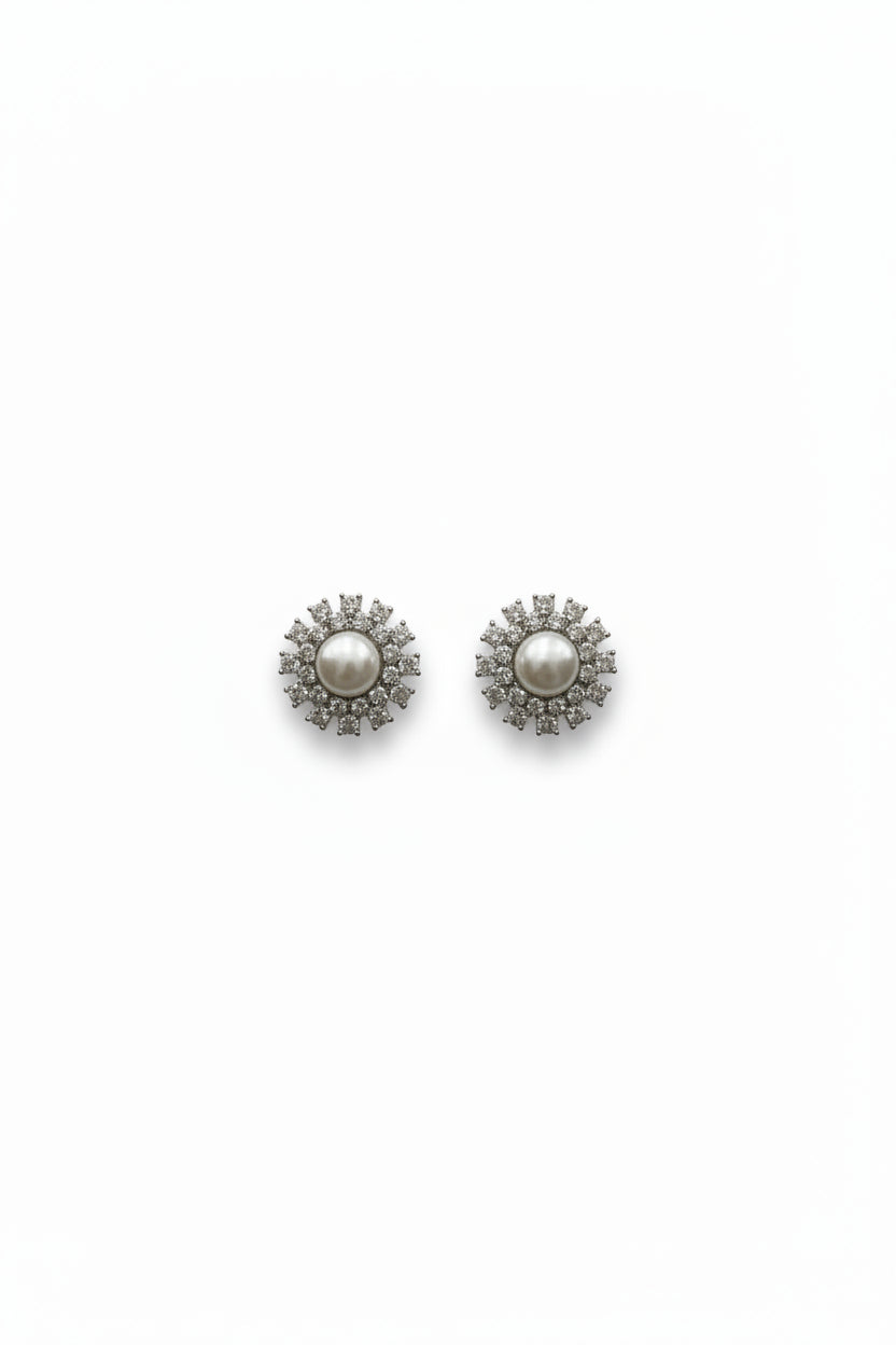Gregory Ladner Silver Pearl Crystal Halo Stud Earrings