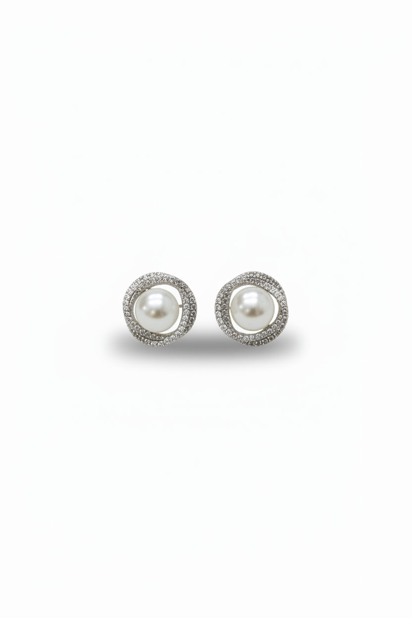 Gregory Ladner Silver Pearl Crystal Halo Stud Earrings