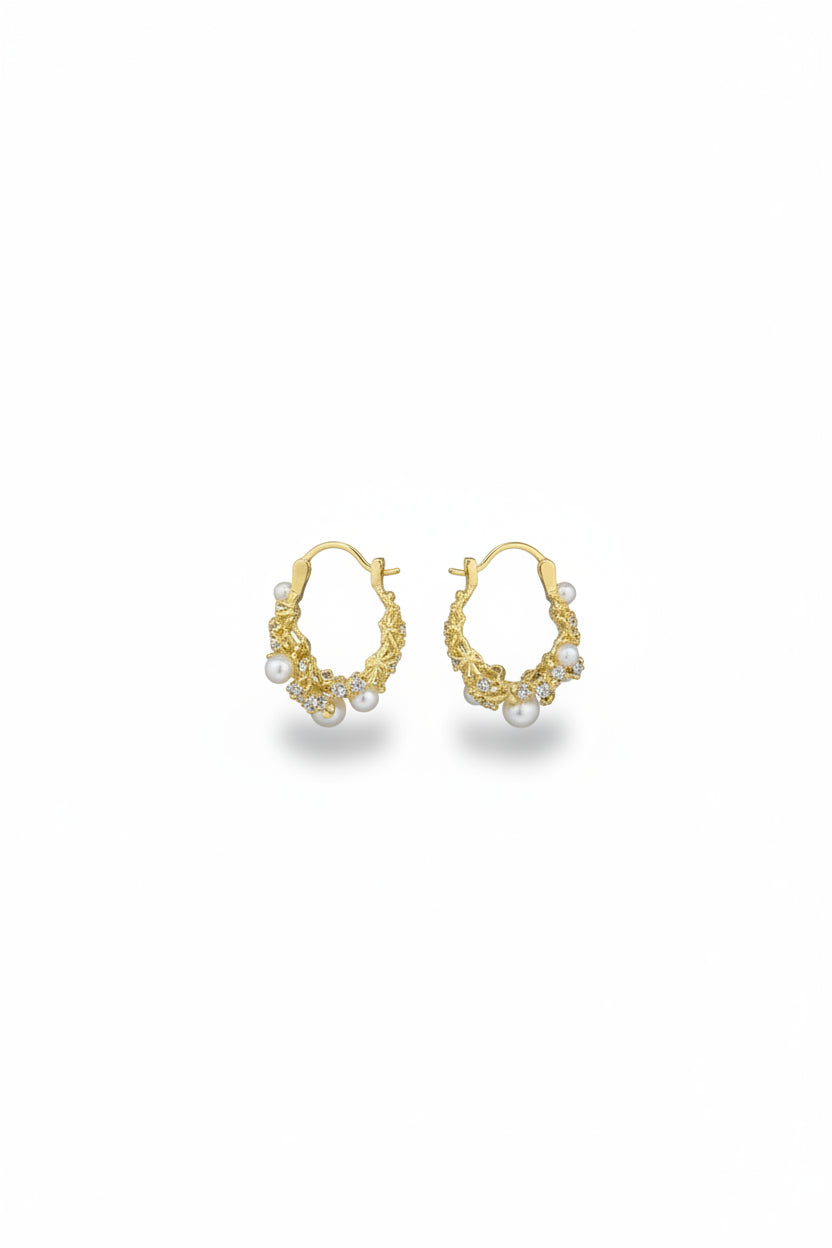Gregory Ladner Gold Pearl Cluster Textured Hoop Earrings